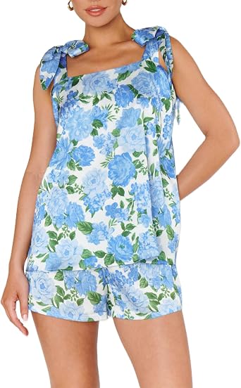Women Floral Print Pajama Sets Square Neck Tank Top Matching Shorts 2 Piece Lounge PJS Sleepwear