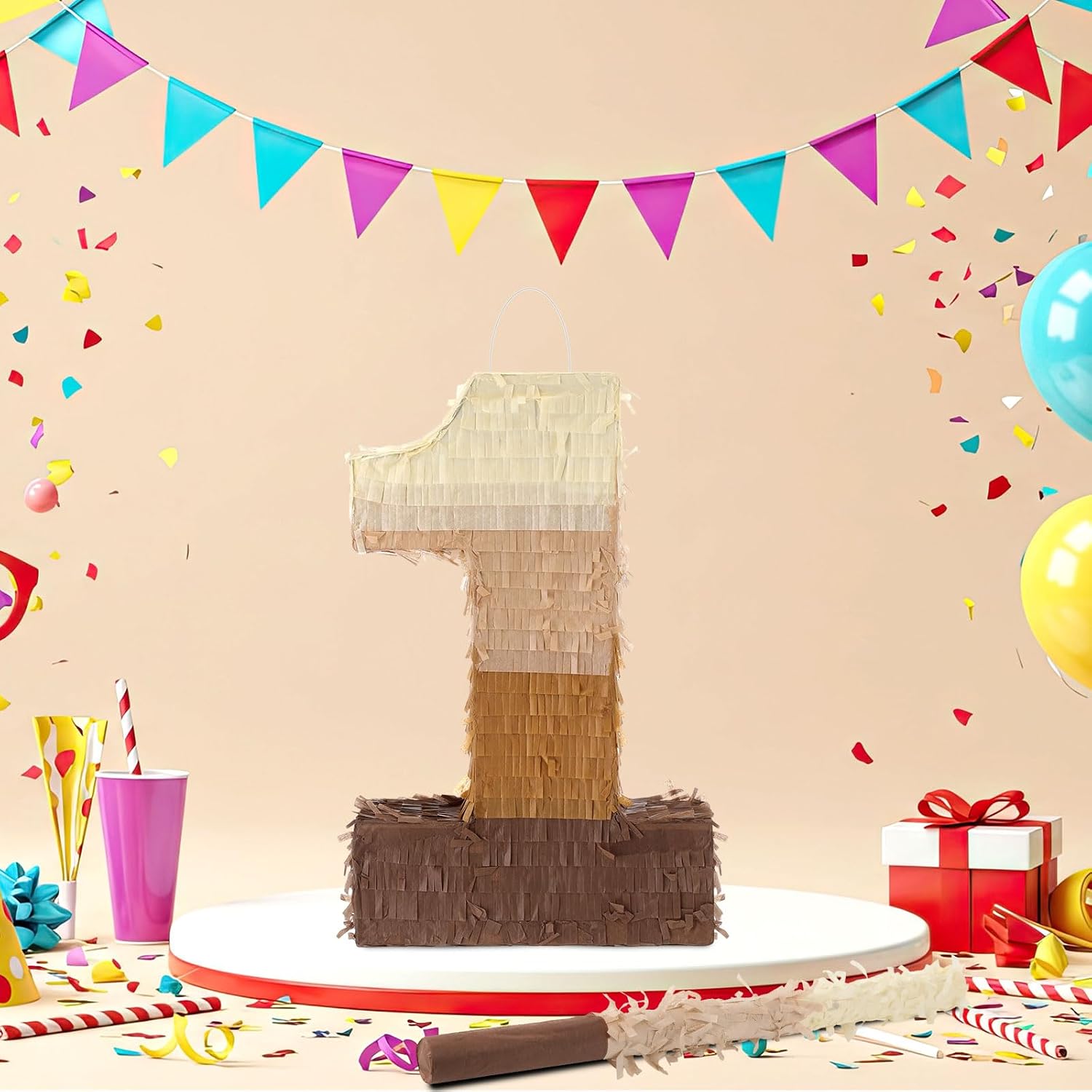 Arrowbash Brown Number 1 Pinata with Stick Blindfold Confetti Brown Gradient Piñata 16 x 11 x 3 in Fillable Hanging Decoration for 1st Birthday Party Anniversary Supplies and Decorations