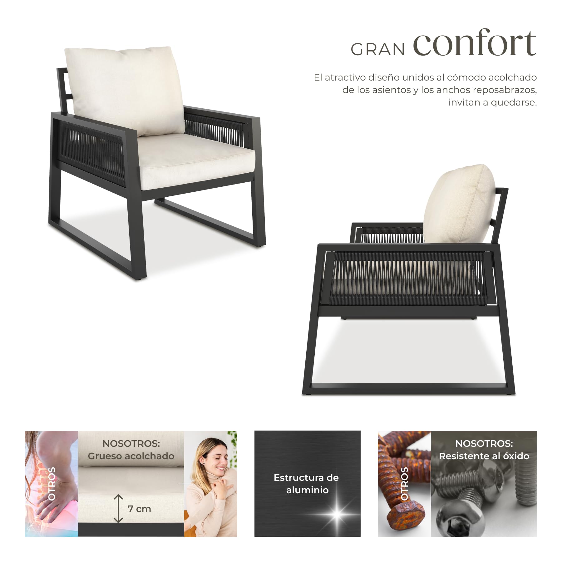 tectake® Conjunto Muebles de Jardín Exterior de Aluminio, Altura Regulable, Mesa y Sillas de Terraza Resistentes a Intemperie, Cojines Extragruesos, Fundas Extraíbles - 2 Sillones