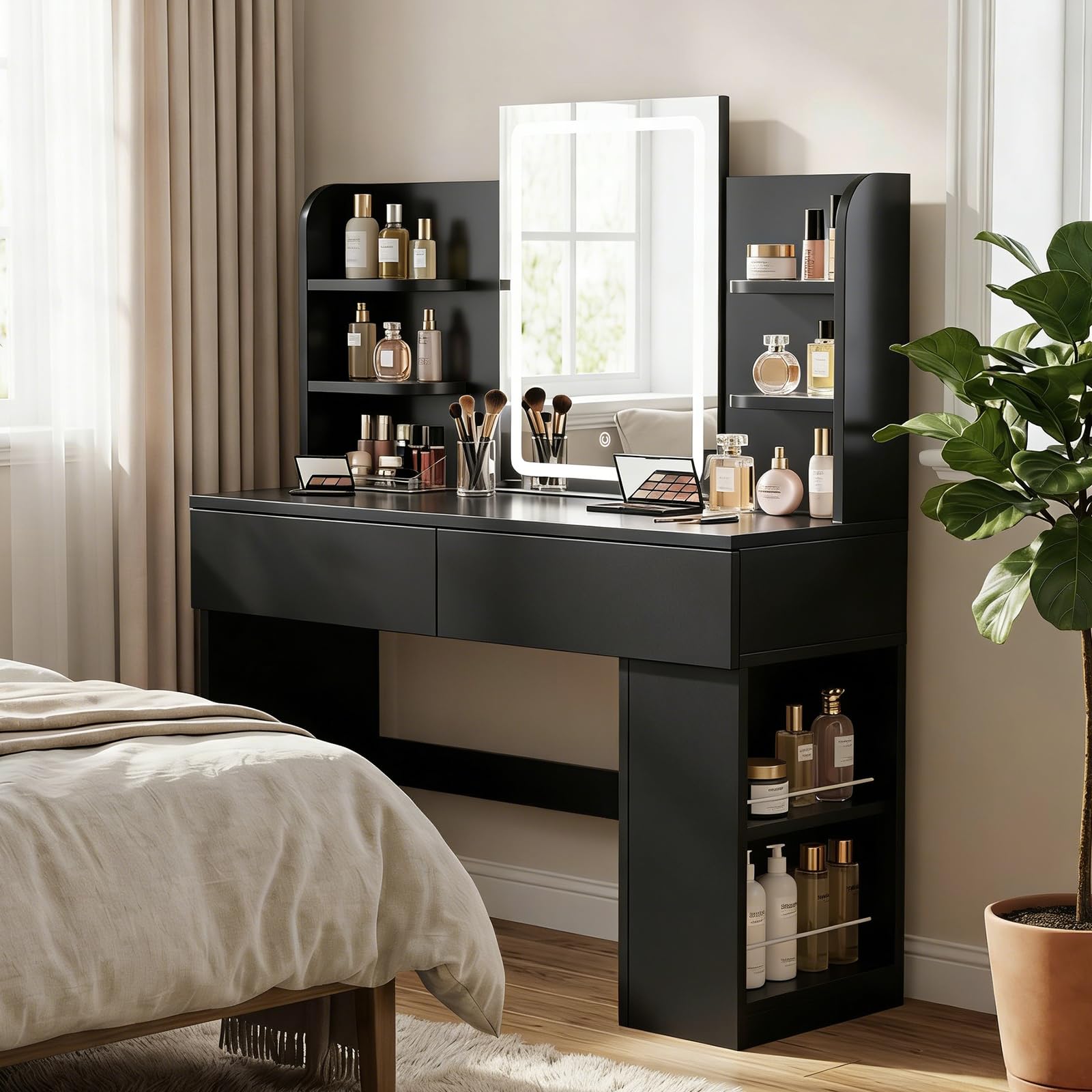 JUMMICO Dressing Table with LED Mirror,Vanity Desk with 2 Large Drawers,Adjustable Brightness,Makeup Table with Open Shelves and Sideboard,Bedroom Furniture (Black, 108cm)