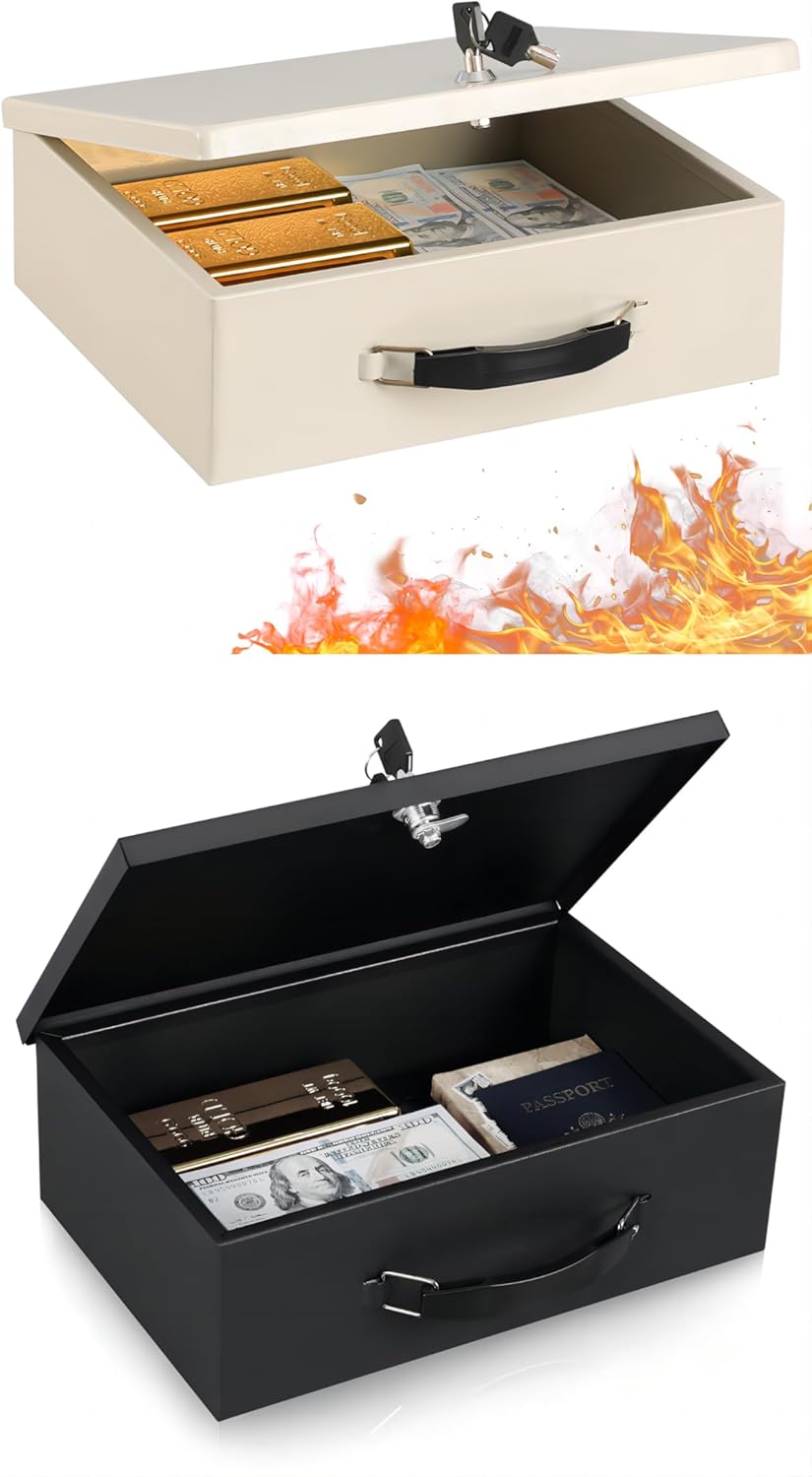KYODOLED Fireproof Document Box with Key Lock, Safe Storage for Valuables, Fire Resistant Security Chest, Fireproof Box for Documents, Passport, Cash, Tablet