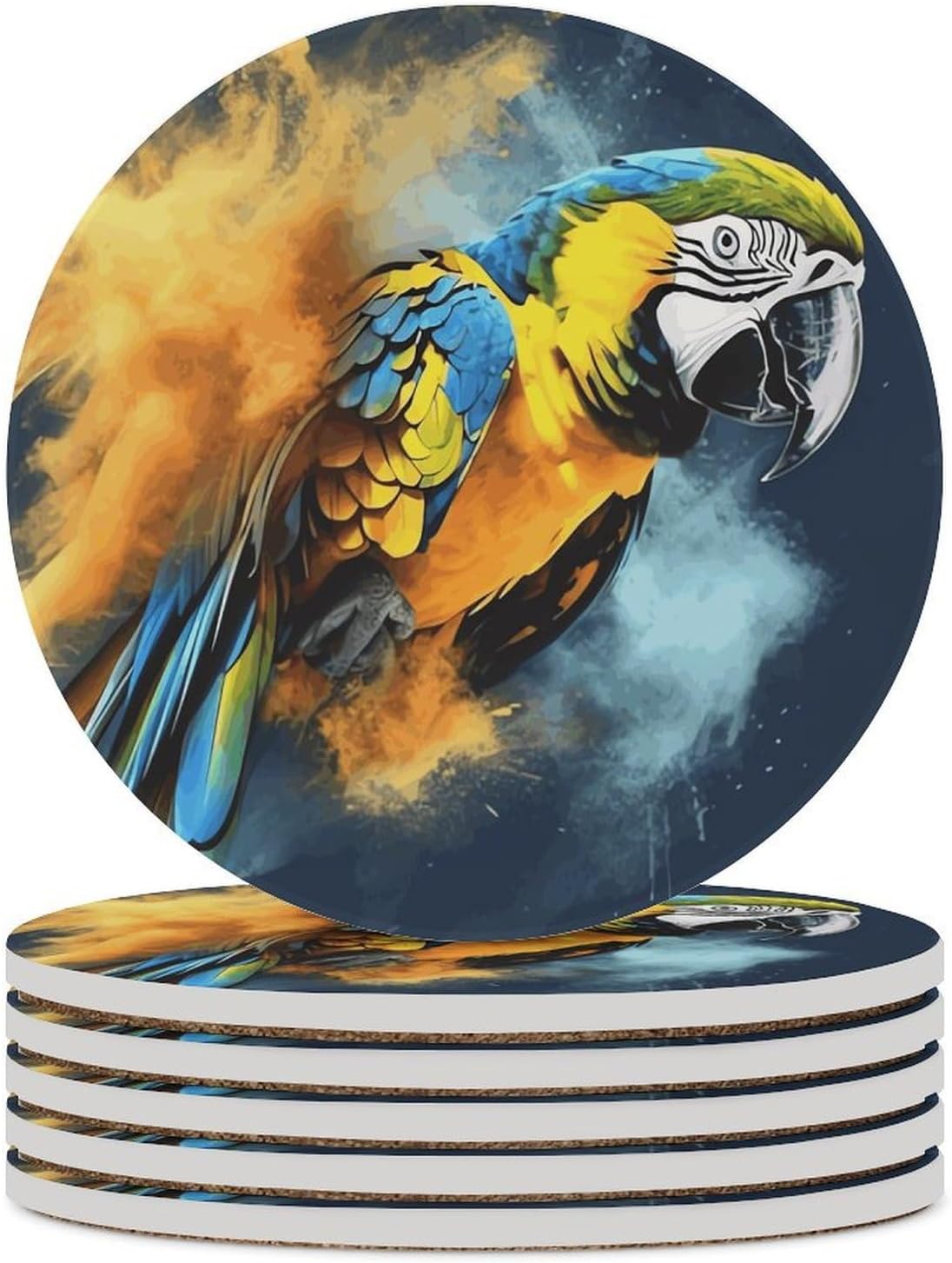 6PCS Bird Parrot Coasters Non-Slip Round Drink Coasters with Ceramic Stone and Cork Base, Heat Resistant Absorbent 33.00Stone Coaster Set for Kinds of Mugs and Cups, 4 Inch