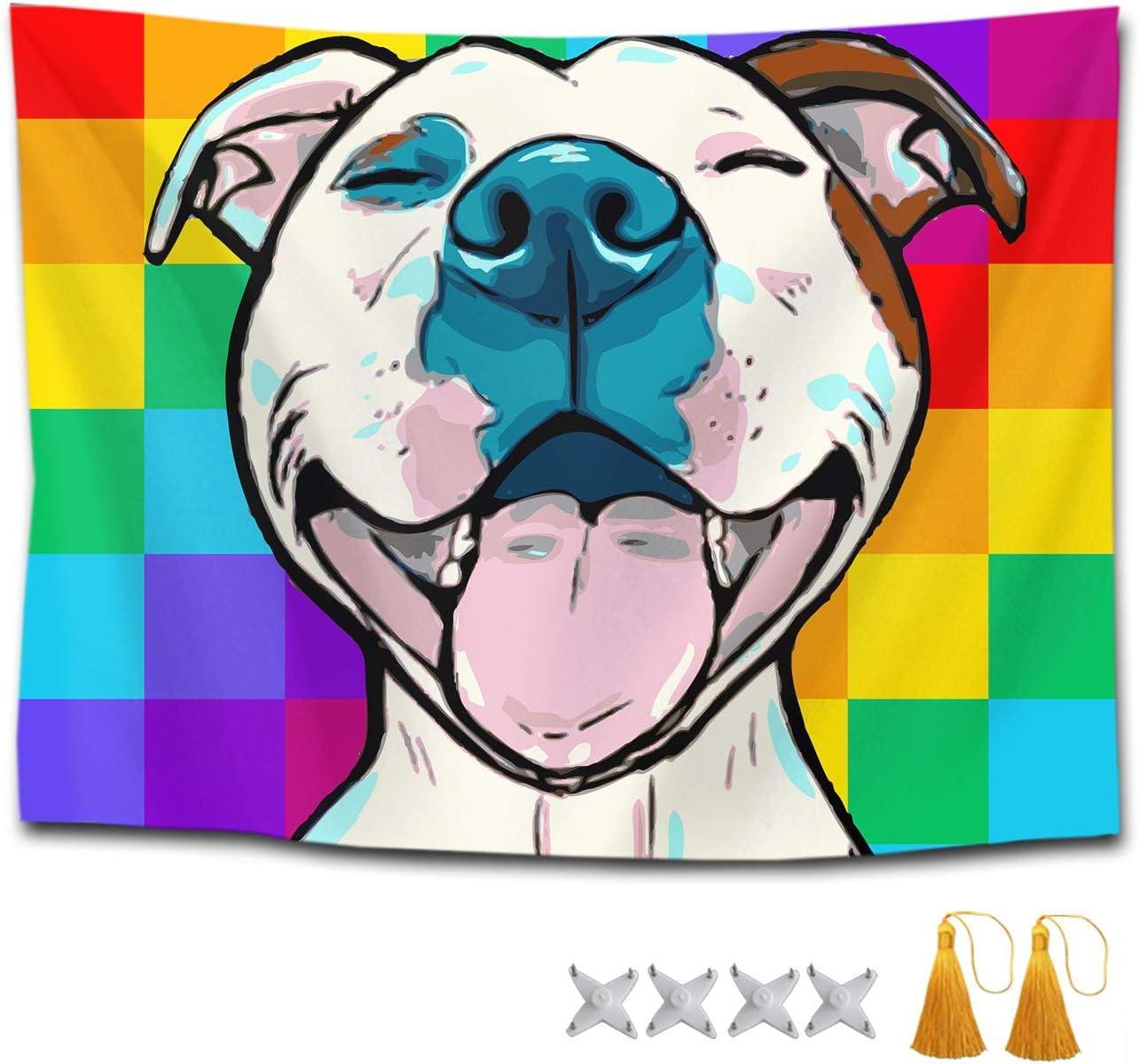 CXLETTI Pitbull Dog Smile Checkerboard Painting Mandala Boho Hippie Tapestry Bedspread Bedroom Home Decor,Picnic Bedsheet Blanket Table Cloth Wall Art40 X 60"