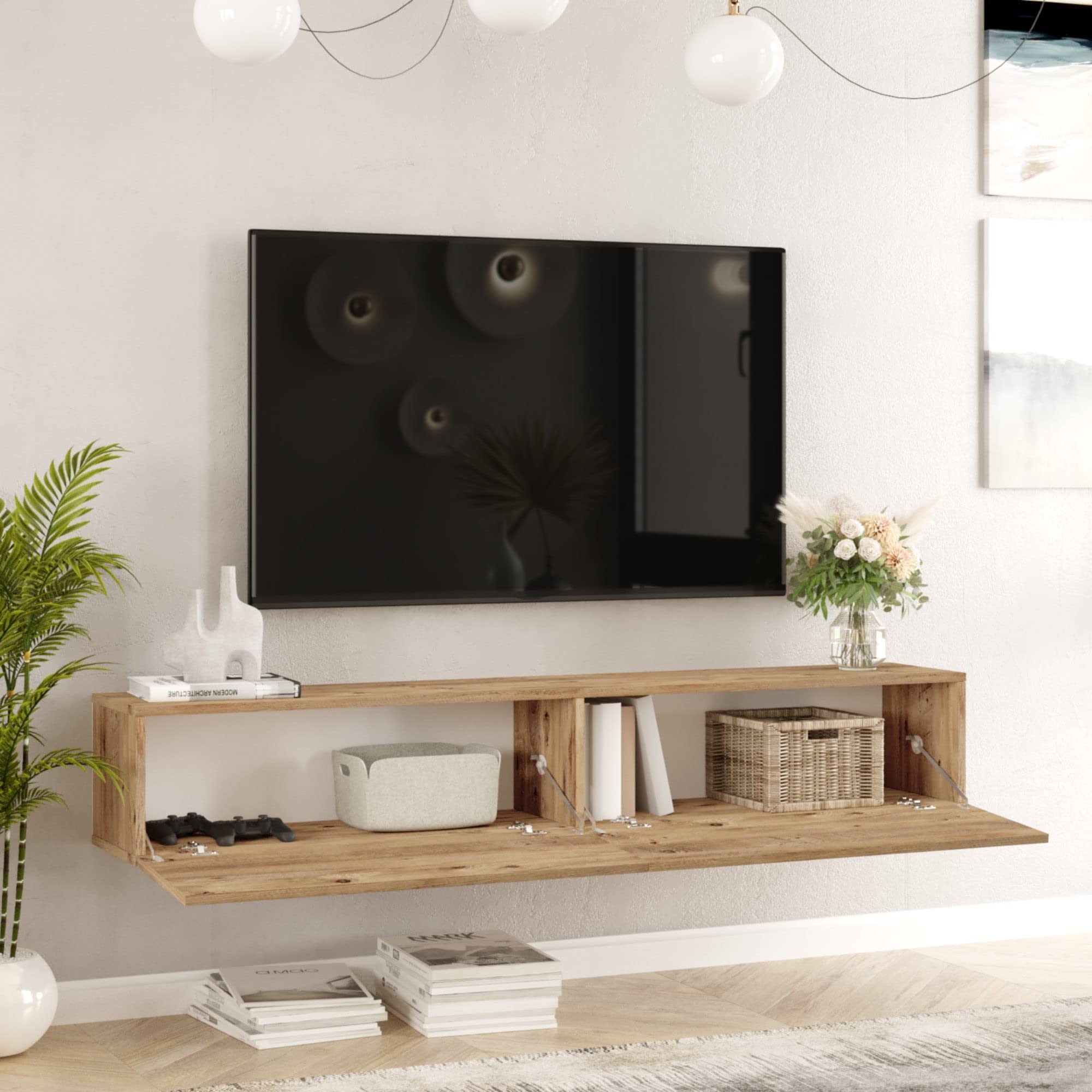 [en.casa] Meuble TV Support Télé Suspendue au Mur avec Compartiments de Rangement Banc Télévision Moderne Flottante pour Salon Chambre Panneau de Particules 30 x 180 x 32 cm Effet Chêne Rustique
