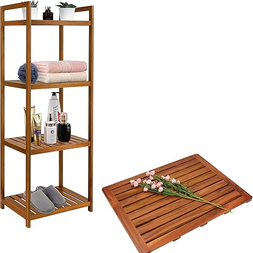 Miniatura 1 de Utoplike Juego independiente de tapete de baño de madera de teca de 24 x 18 pulgadas y estante de baño de madera de teca