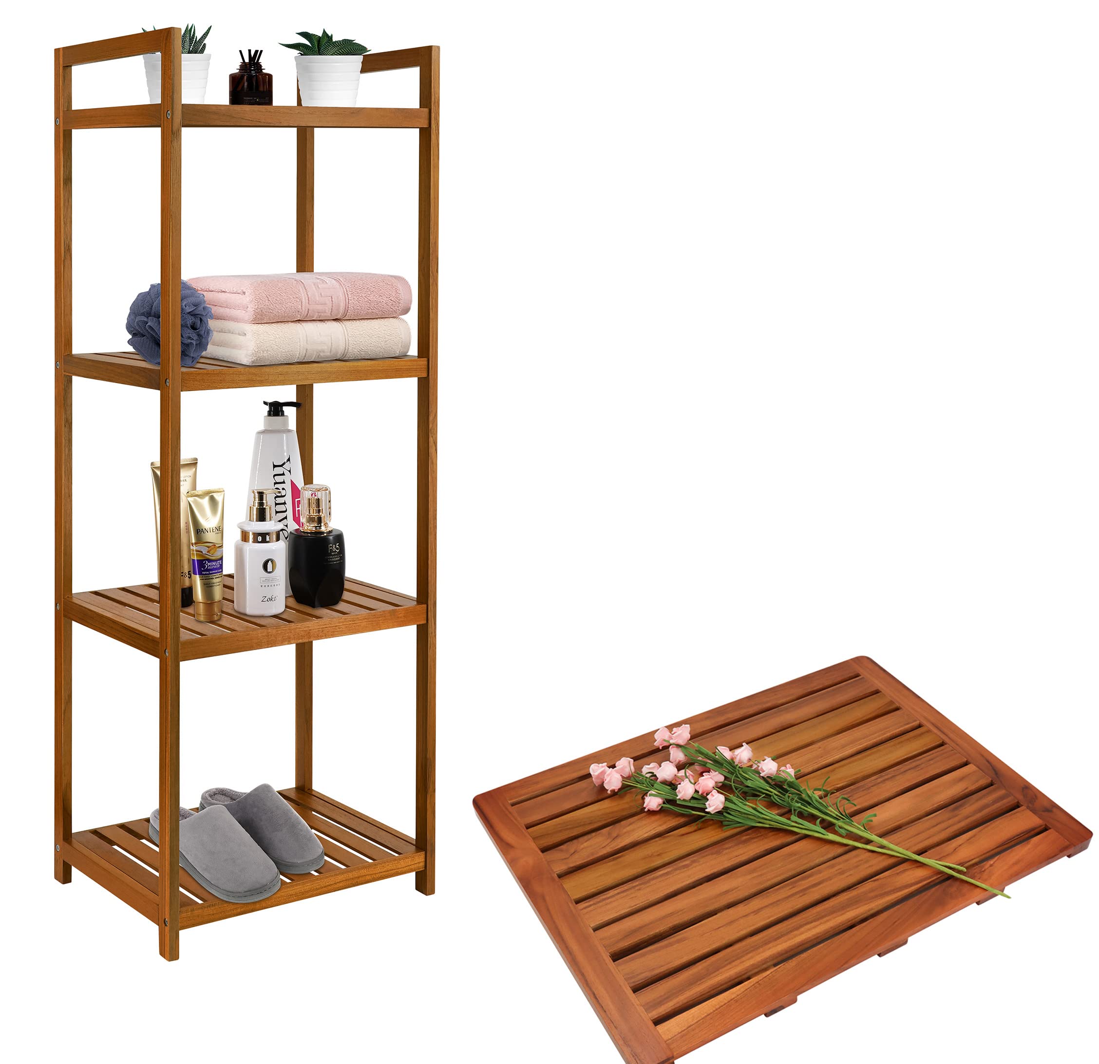 Utoplike (24"x18") Teak Wood Bath Mat and Teak Wood Bathroom Shelf Organizer Freestanding Set