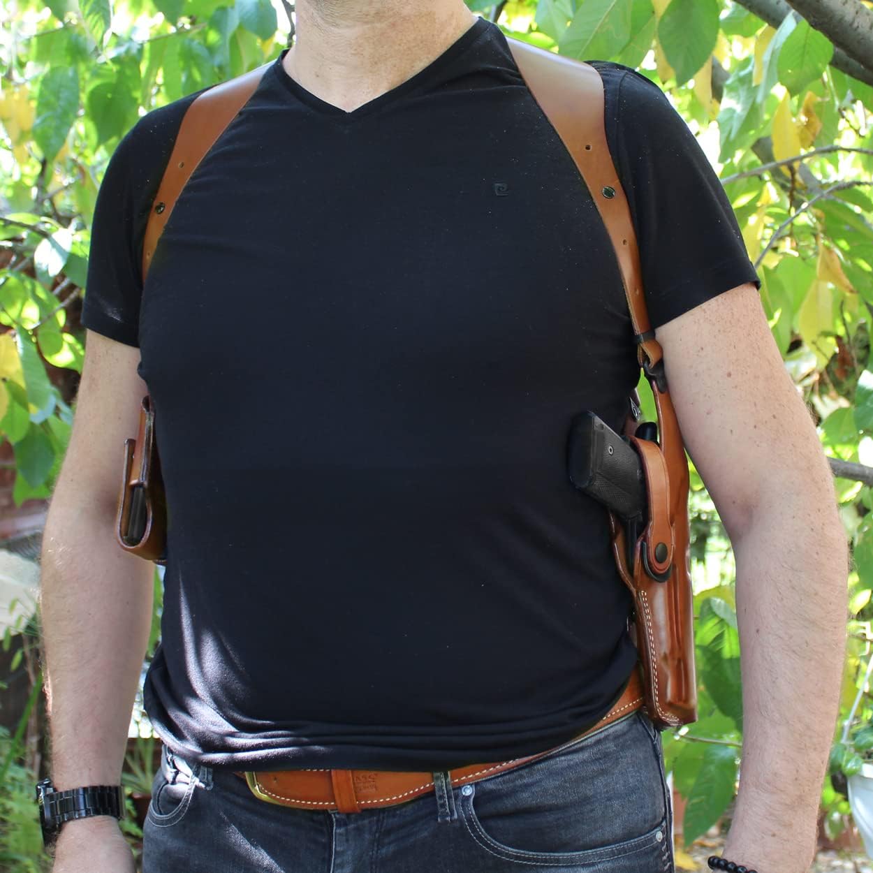 Masc Optic Ready/Red Dot Compatible Premium Leather Vertical Shoulder Holster System with Double Magazine Carrier – Fits Standard 1911 5-inch, Right Hand Draw – Brown