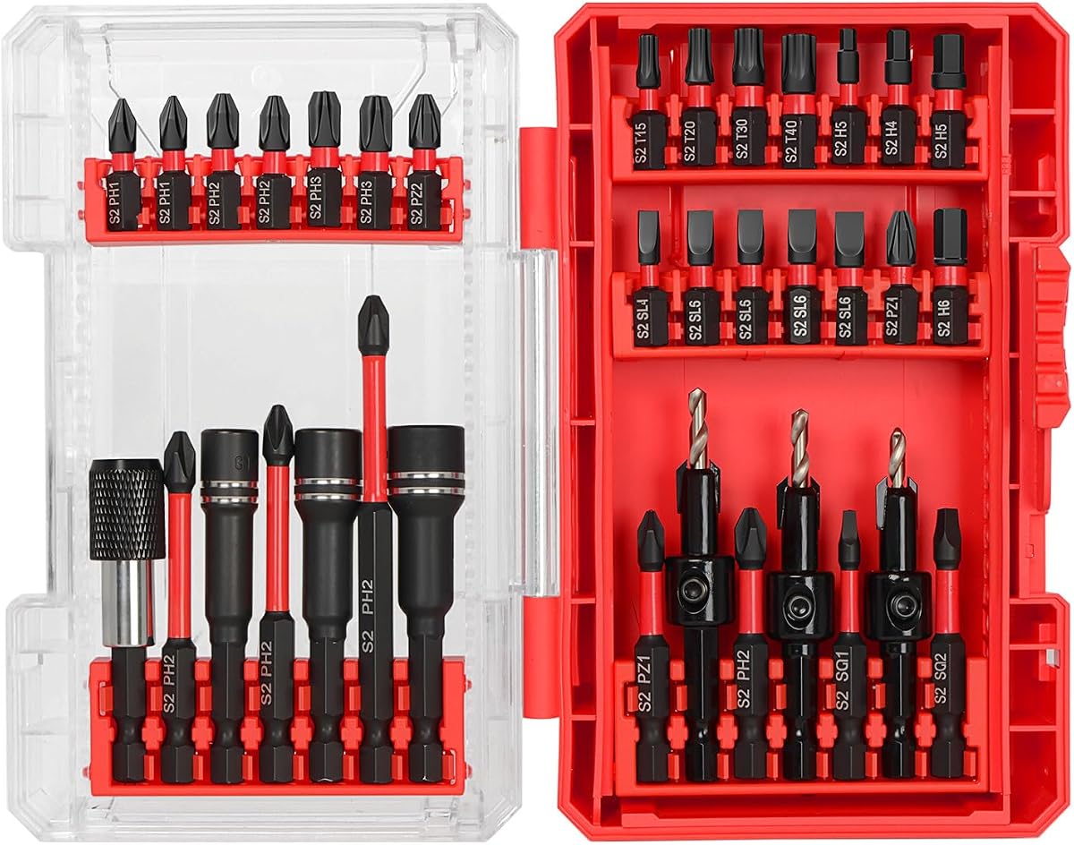 35Pcs Impact Driver Bits Set with a Storage Case | 28 Magnetic Screwdriver Bits, 3 Hex Countersink Drill Bits, 3 Sockets, Quick Change Chuck for Power Screwdrivers Electric