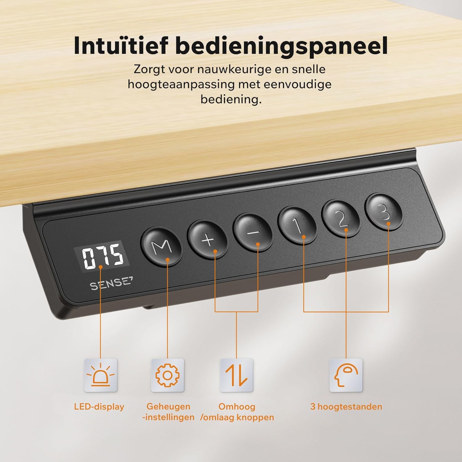 Close-up of the SENSE7 NOJO desk control panel with LED display, memory buttons (M, 1, 2, 3), and up/down adjustment buttons.