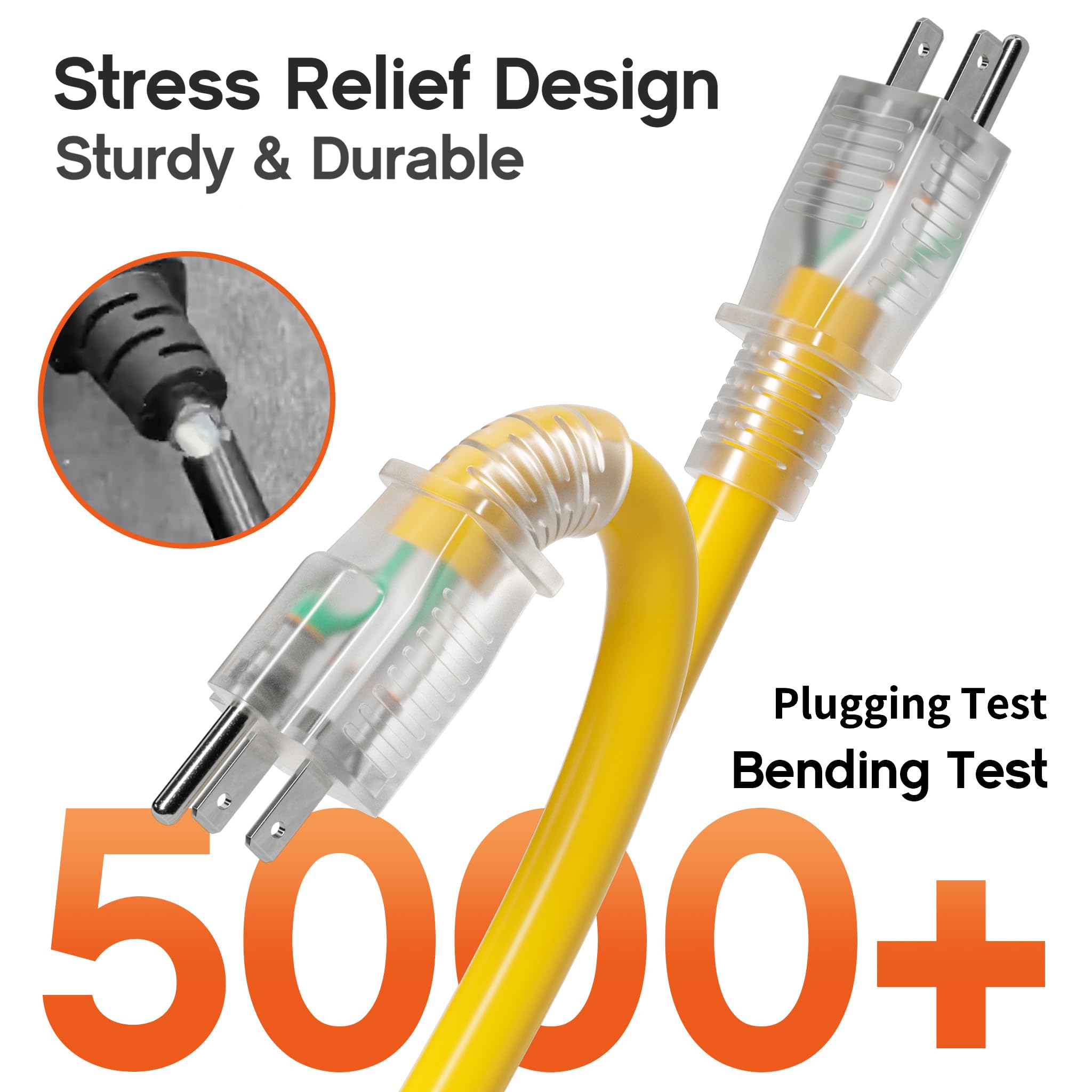 Cavo di prolunga da esterno 15,2 m 10/3 con prese multiple, resistente alle intemperie, 3 uscite SJTW Splitter con indicatore luminoso, 15 A 1875 W per giardino, gole e
