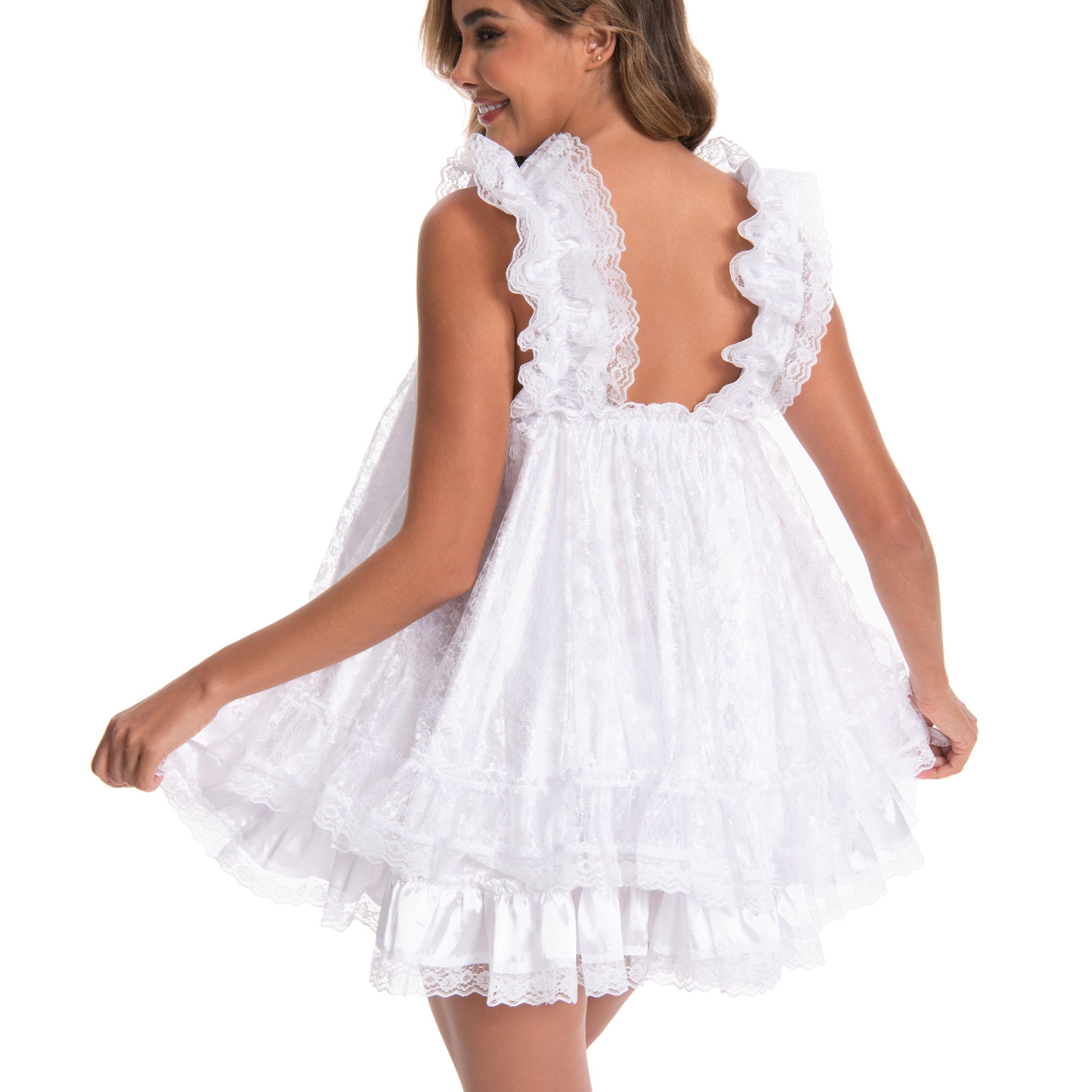 Satini Picardías Sissy Raso y Encaje Floral | Babydoll de Doble Capa, Lazo con Cinta, Tirantes Elásticos, Bajo por Capas, Crossdressing, Tallas S-XXL