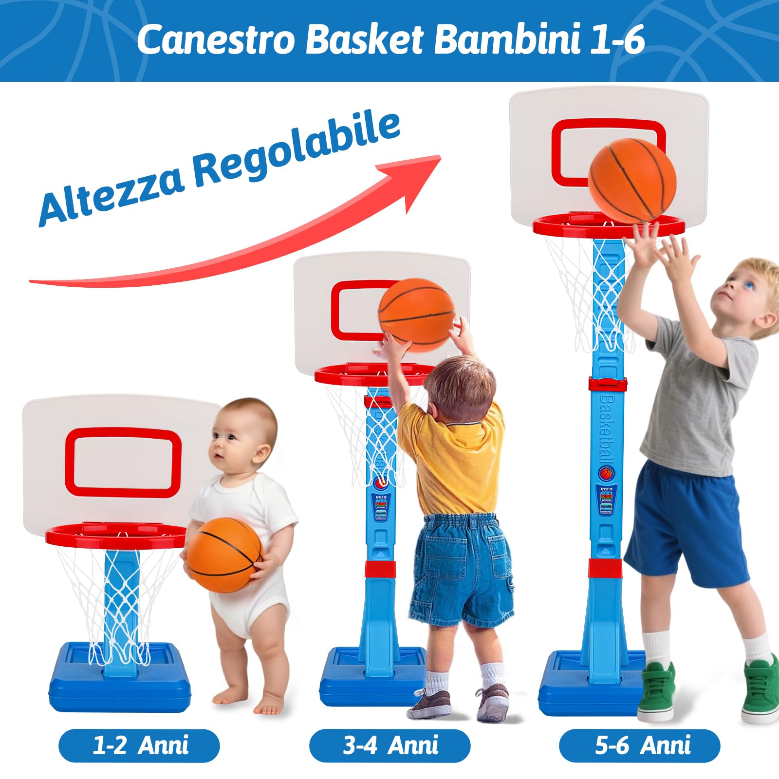 Canestro Basket Bambini Esterno Regolabile in Altezza, Canestro Basket da Camera con Pallone da Basket e Pompa, Giochi Bambini 1 2 3 Anni, Regalo 1 2 3 Anni Maschio Femmina (Blu)