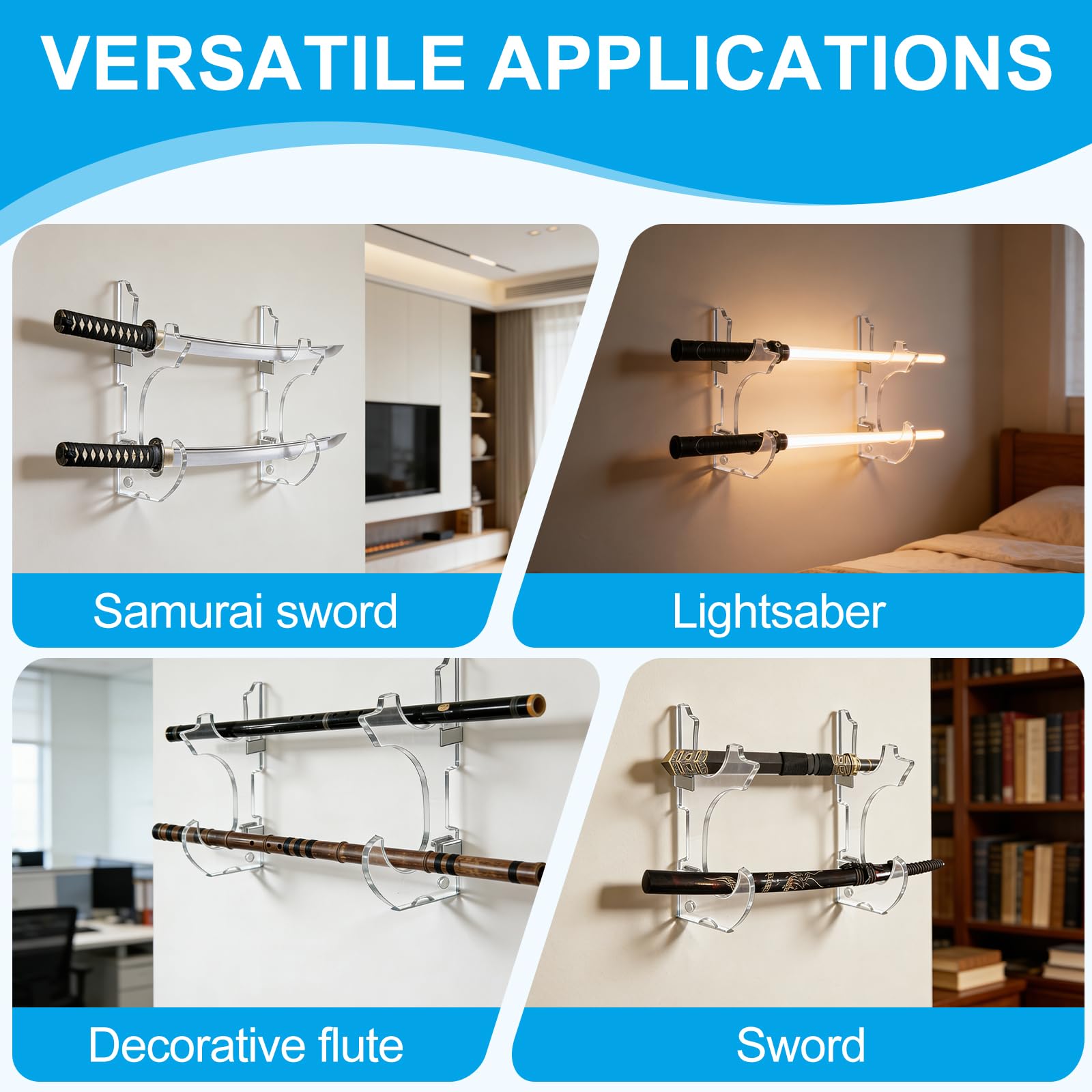 Soporte Katana Pared 2 Niveles Expositor de Acrílico Transparente para Katanas Real Sable Samurai