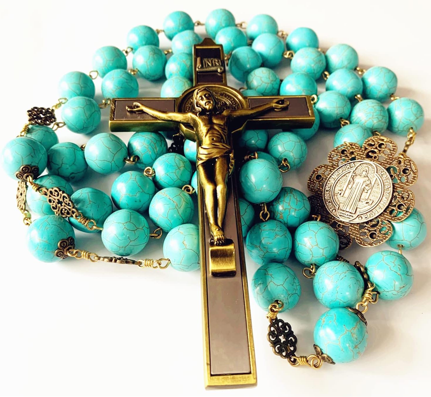 elegantmedical HANDMADE COPPER Home Wall Rosary Large 20mm blue howlite beads St.Benedict cross/crucifix box Catholic GIFTS (Blue)
