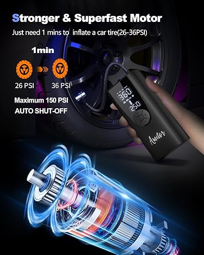 Miniatura 2 de Amitor Compresor de aire portátil para inflado de neumáticos 3 veces inflado rápido y batería de 7800 mAh Mini bomba inalámbrica máxima de 150 PSI