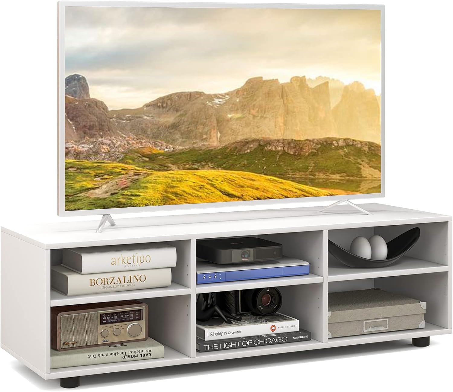 LOKO 6 Cubby TV Stand for 50+ Inch TV, White Wood TV Media Console Table with 6 Storage Cubbies & 5-Position Adjustable Shelves, Entertainment Center with Storage for Living Room