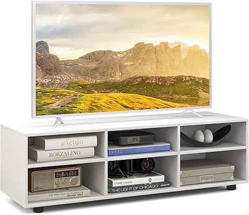 LOKO Soporte de TV de 6 compartimentos para TV de más de 50 pulgadas, mesa consola de TV de madera blanca con 6 cubos de almacenamiento y estantes