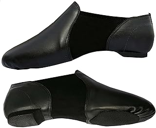 Slip On Jazz Dance Shoes - Pure Black Leather - Modern Stage Rubber Heel...