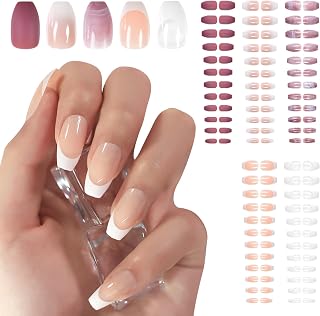 5 Packs Press on Nails Glossy Nude French Nail Art Tips Medium Length Coffin False Nails Salon Manicure Kits Reusable Acrylic Nails Fake Fingernails 120pcs with Adhesive Tabs