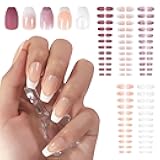 5 Packs Press on Nails Glossy Nude French Nail Art Tips Medium Length Coffin False Nails Salon Manicure Kits Reusable Acrylic Nails Fake Fingernails 120pcs with Adhesive Tabs