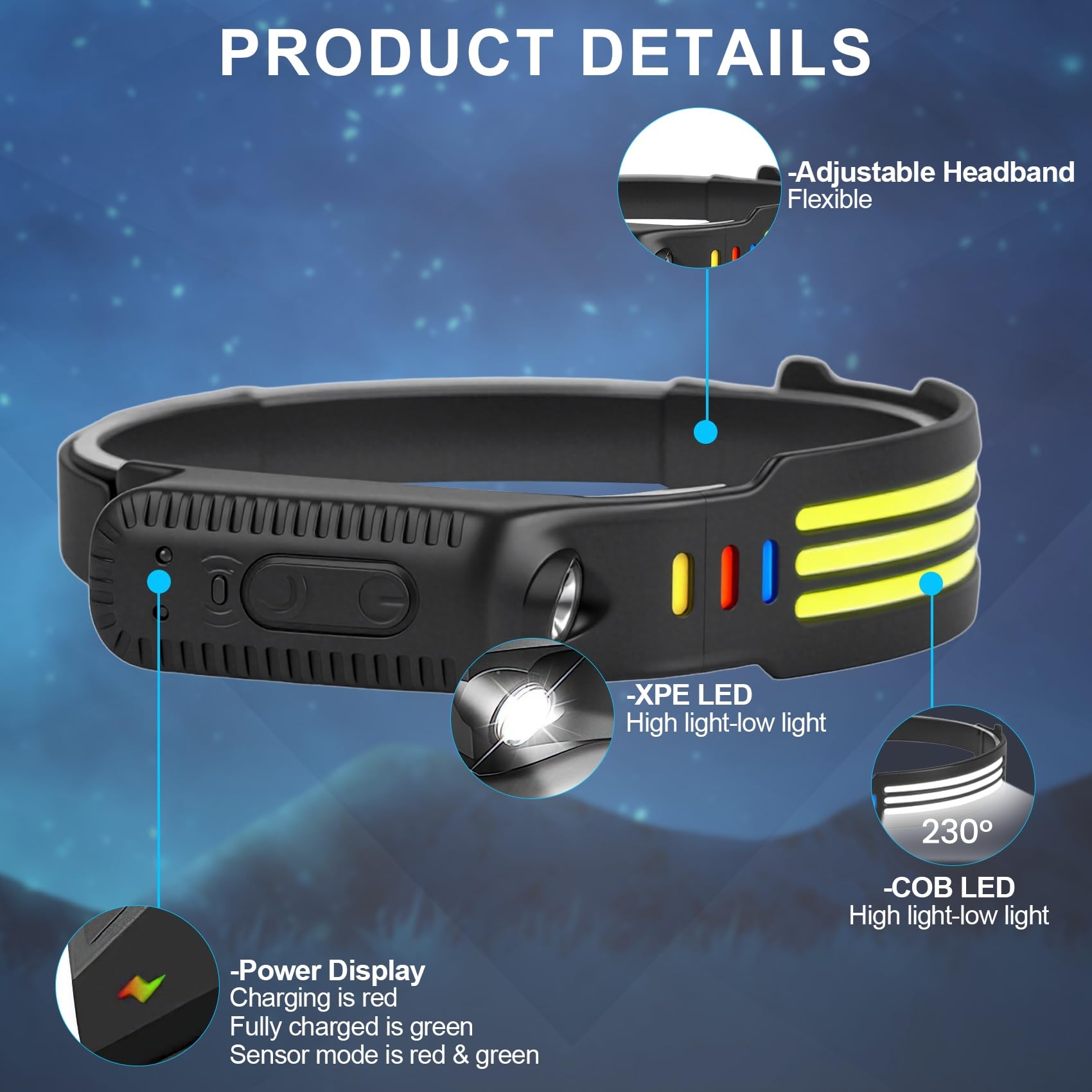 Stirnlampe, wiederaufladbar, 230° COB, Weitstrahl, LED mit Bewegungssensor, 1200 Lumen, LED-Stirnlampe mit 5 Lichtmodi, wasserdichtes Stirnlicht für Camping-Zubehör, Laufen, Wandern, 6 Stück