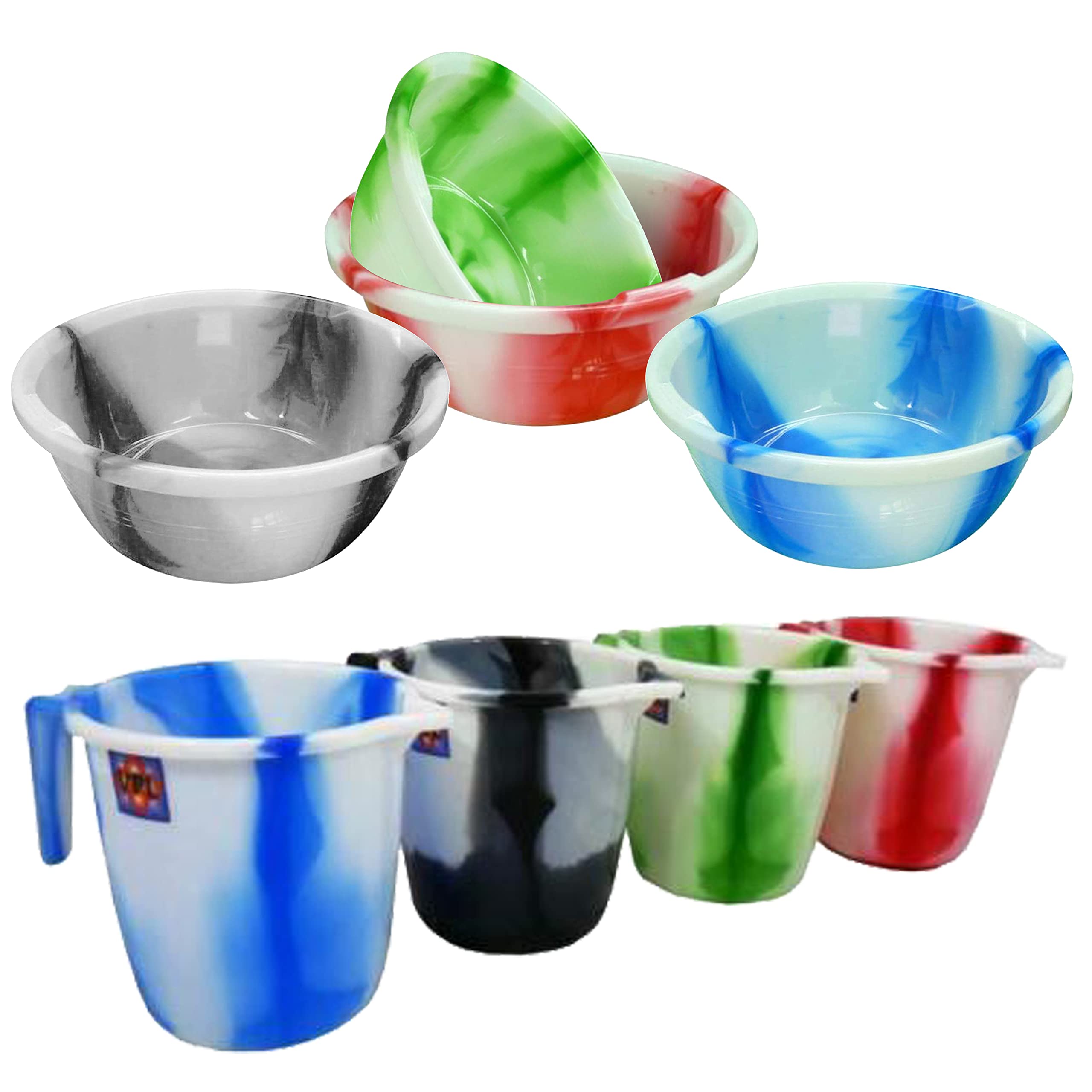 (Set of 2) 12" Tiedye Design Plastic Round Washing Up Bowl Kitchen Mixing Fruits Vegetables Wash Dish Tub Basin with 1.5L Jug/Mug with Handle & Spout for Mixing Measuring Bathroom (Random Colours)