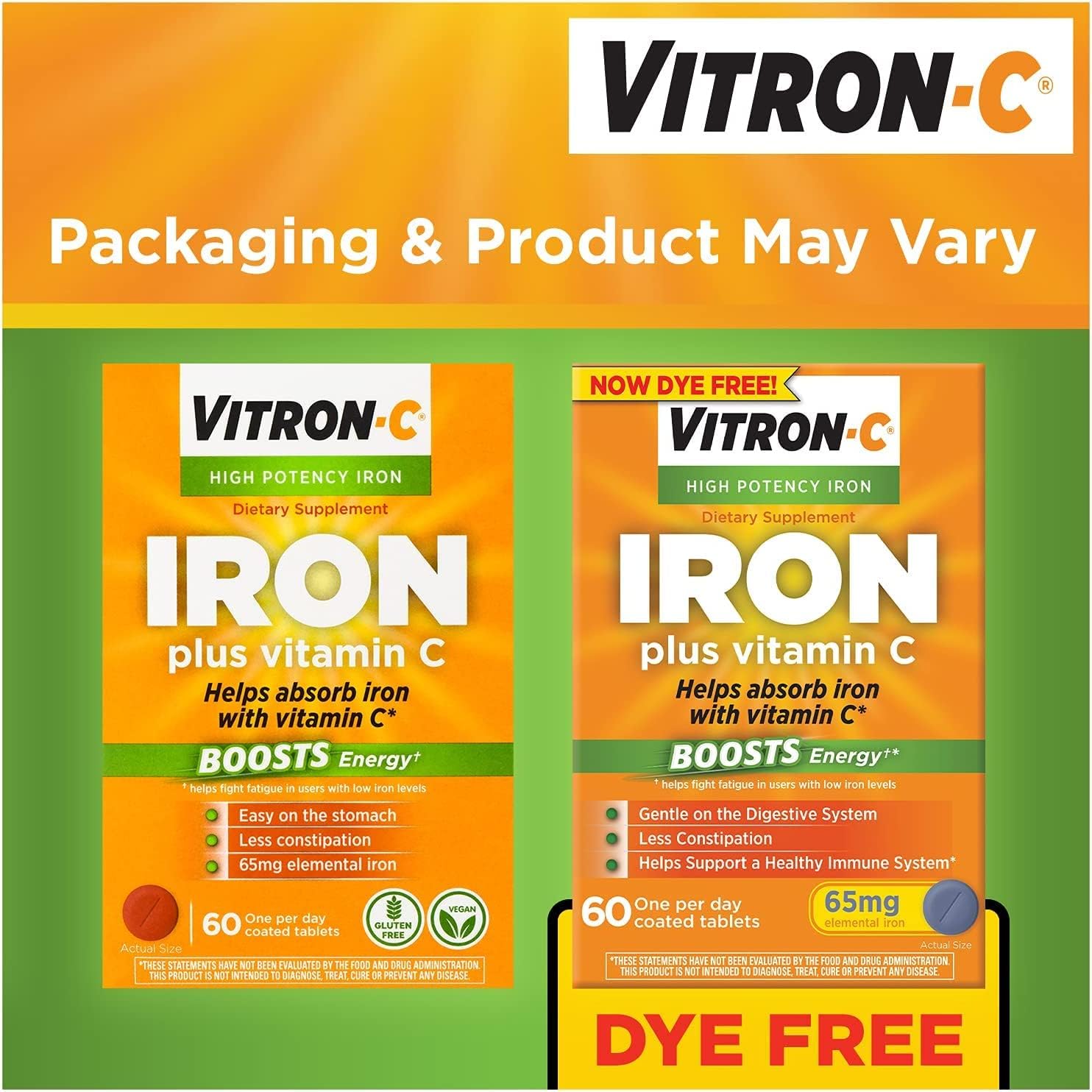Vitron-C High Potency Iron Supplement with Vitamin C, Pack of 3 (180 Count Total)