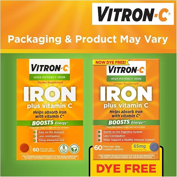 Vitron-C High Potency Iron Dietary Supplement Plus Vitamin C Coated Tablets, Pack of 5 (60 Count Each)