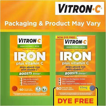 Vitron-C High Potency Iron Dietary Supplement Plus Vitamin C Coated Tablets, Pack of 5 (60 Count Each)