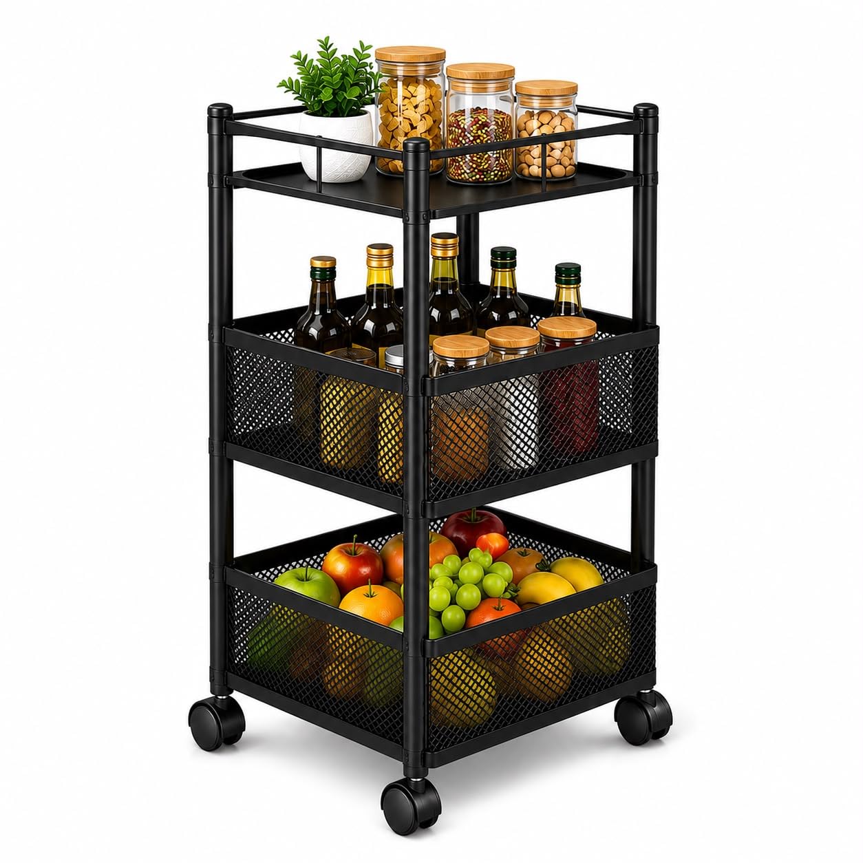 N and Q Handicraft 2 Tier Kitchen Storage Trolley | Metal Mesh Basket Organizer Cart with Wheels | Fruit, Vegetable & Grocery Storage Rack | Heavy Duty, Black-image-20