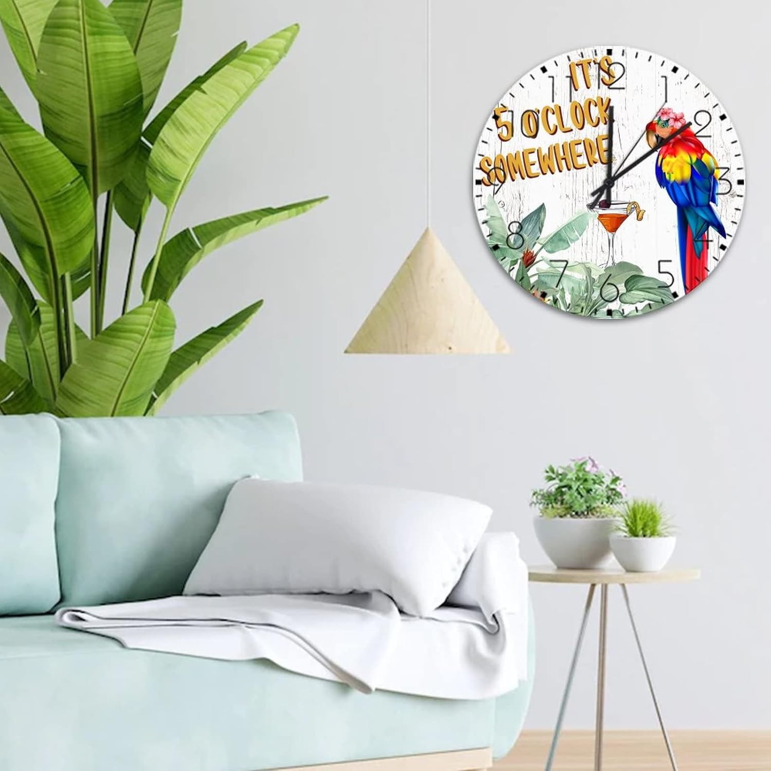 Wood Wall Clock Battery Operated Non Ticking It's Five O'clock Somewhere Custom Wall Clocks Beach Vacation Drinking Parrot Home Decor for New Home Hotel Church 15 Inch