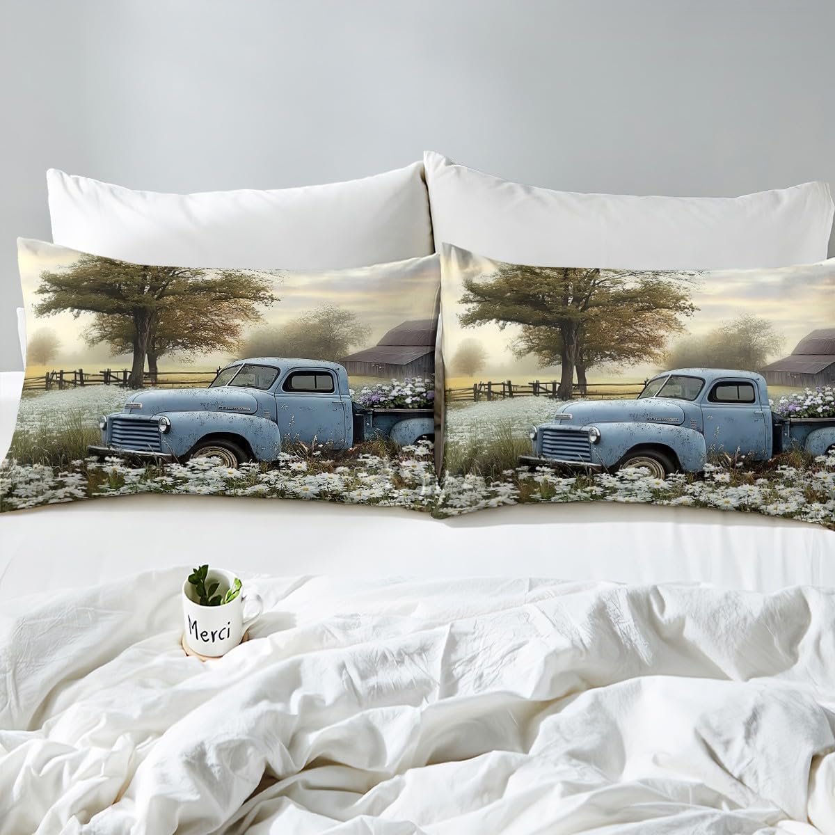 Erosebridal Farmhouse Duvet Cover Twin Size Old Barn Bedding Set for Young Teens Country Antique Pickup Truck Comforter Cover Blue Car White Flowers Retro Tree Spring Bedclothes