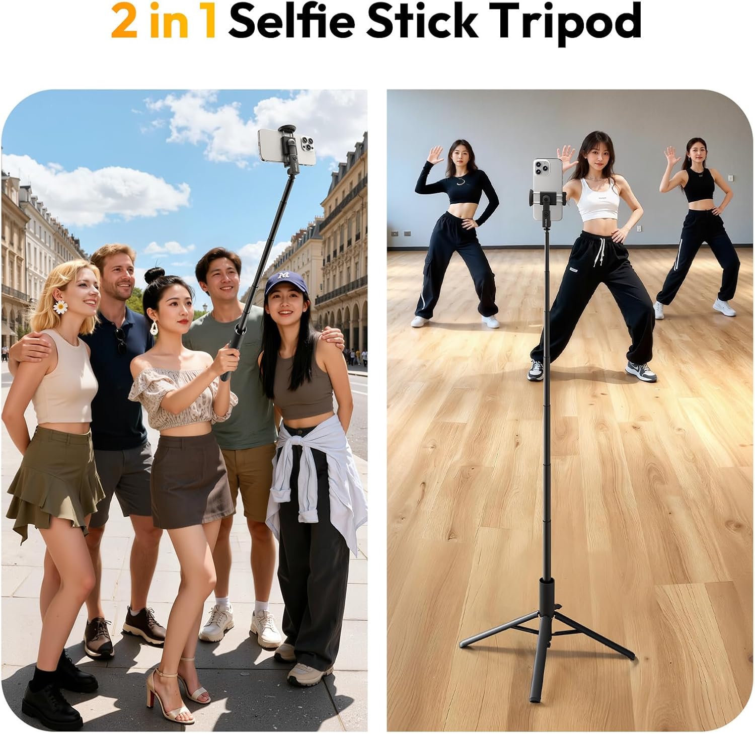 ULANZI MT86 60" Auto-Open Phone Tripod, Bluetooth Remote 4-Leg Aluminum Stand with Cold Shoe, Lightweight Extendable Travel Selfie Stick for iPhone Vlog Live Stream Photography Video Recording Black