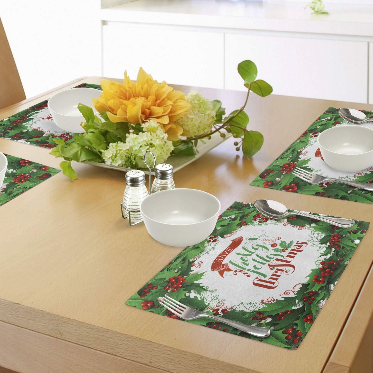 Ambesonne Christmas Place Mats Set of 4, Have a Happy Jolly Xmas Lettering Red Berries Framework Print, Washable Fabric Placemats for Dining Table, Standard Size, Green White