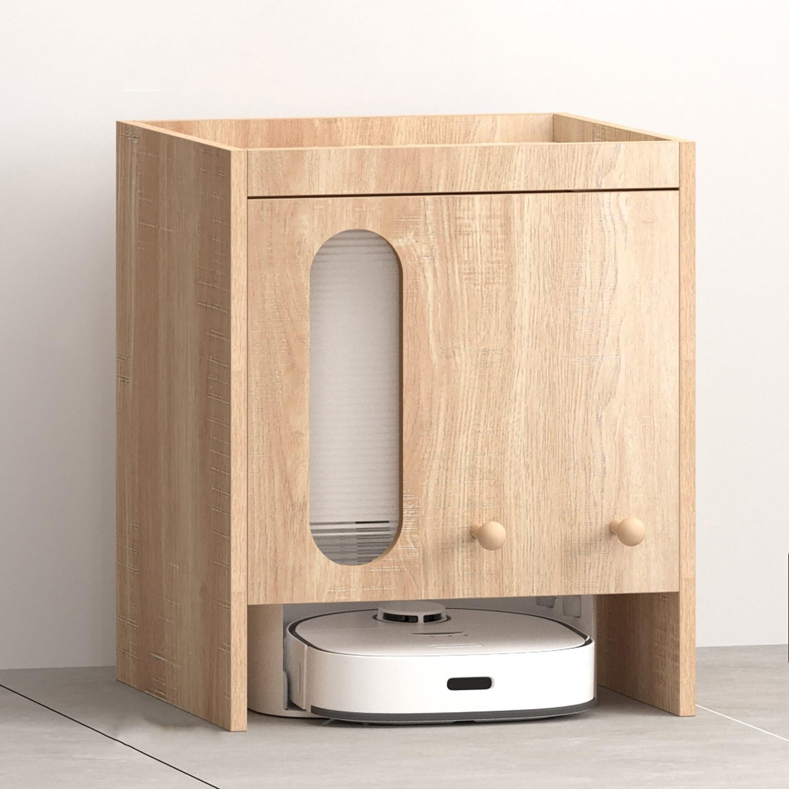 Meuble support pour aspirateur robot en bois et acrylique pour salon