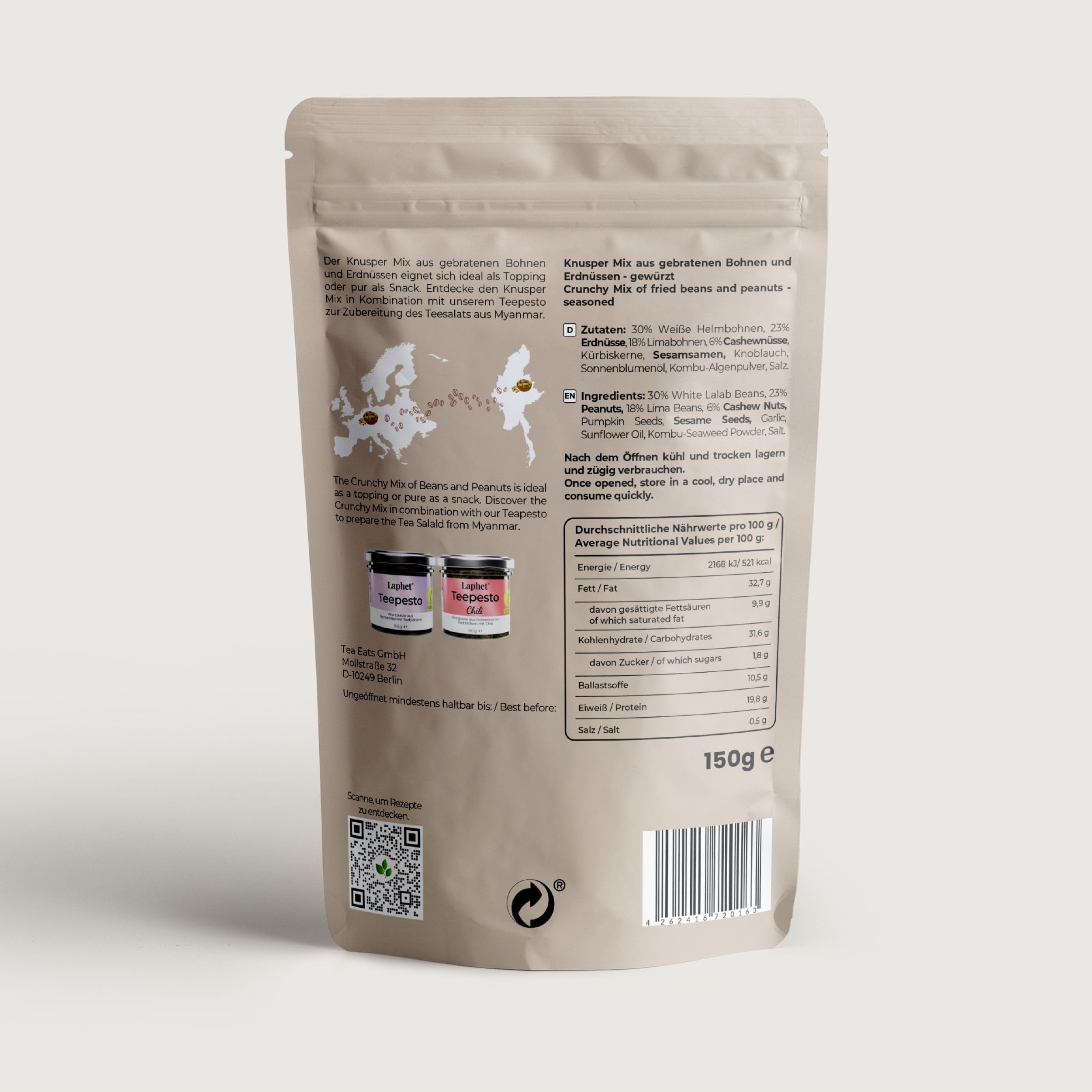 Laphet Knusper Mix – Topping | Haricots et cacahuètes épicés, riche en protéines, garniture de salade, collations, mélange de noix et de graines (150 g)