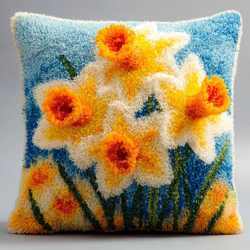 WallustrioaW Latch Hook Kit Cushion Latch Hook Kit Daffodil DIY Pillow Materials Package 43Cmx43Cm DIY Hooks Knitted Embroidered Carpet Pillow Embroidery