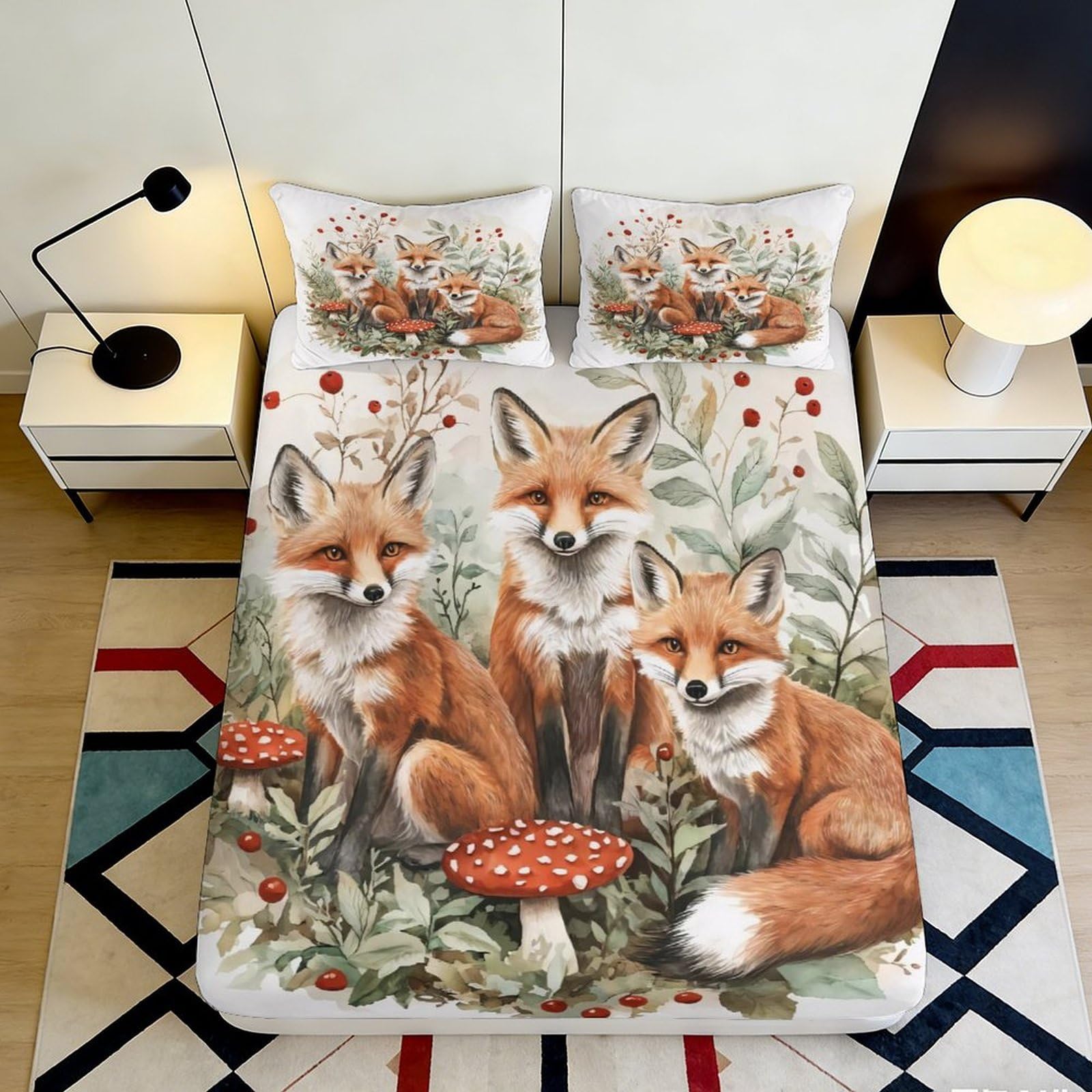 3D Printed Fox and Mushrooms Fitted Sheet Microfiber Soft Breathable Forest Leaves Bed Cover for Bedroom Dormitory Guest Room Mattress Protection Decor 200x200x25cm
