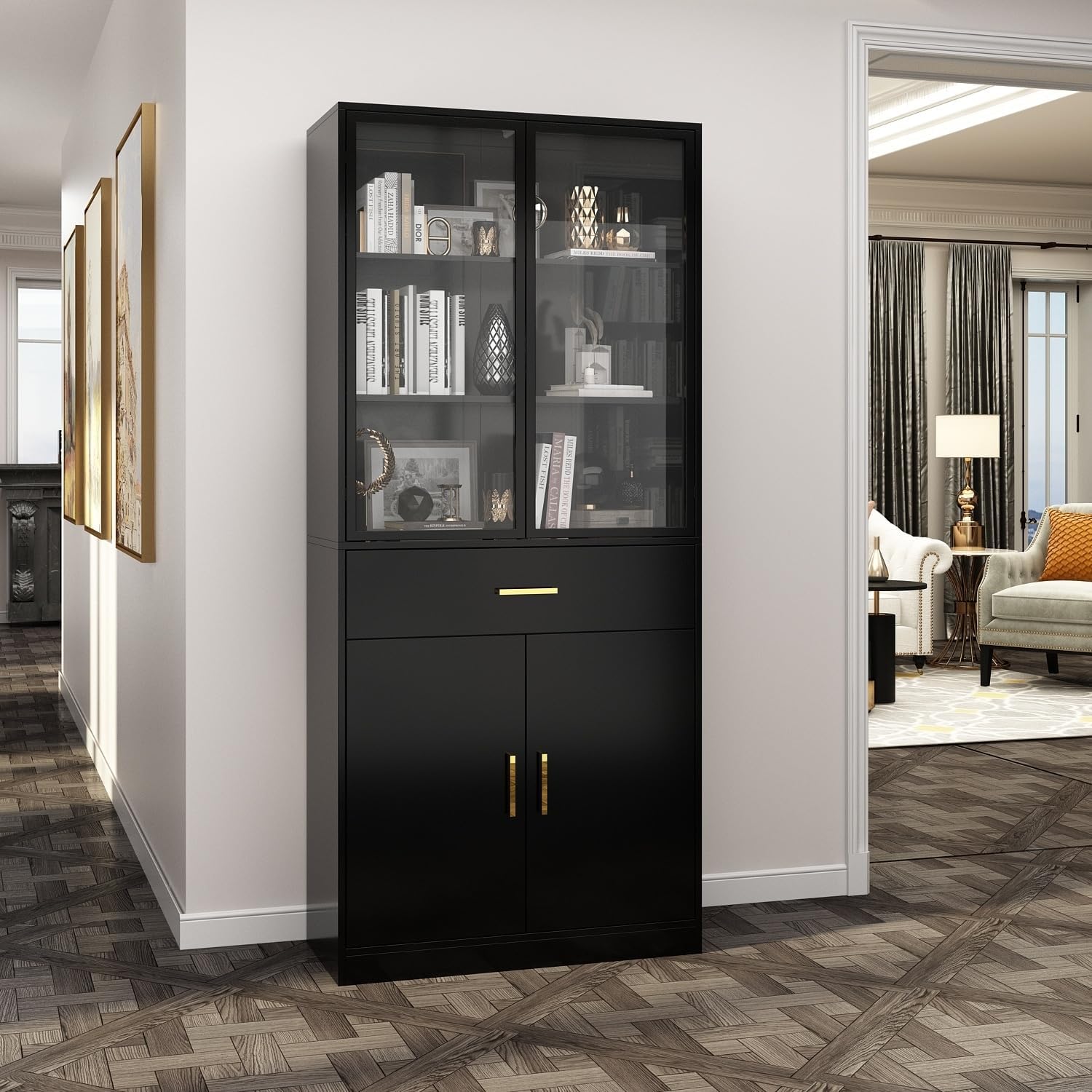 Overstock 70.9" H x 31.5" W Buffet Standard Bookcase Display Cabinet Glass Door Black