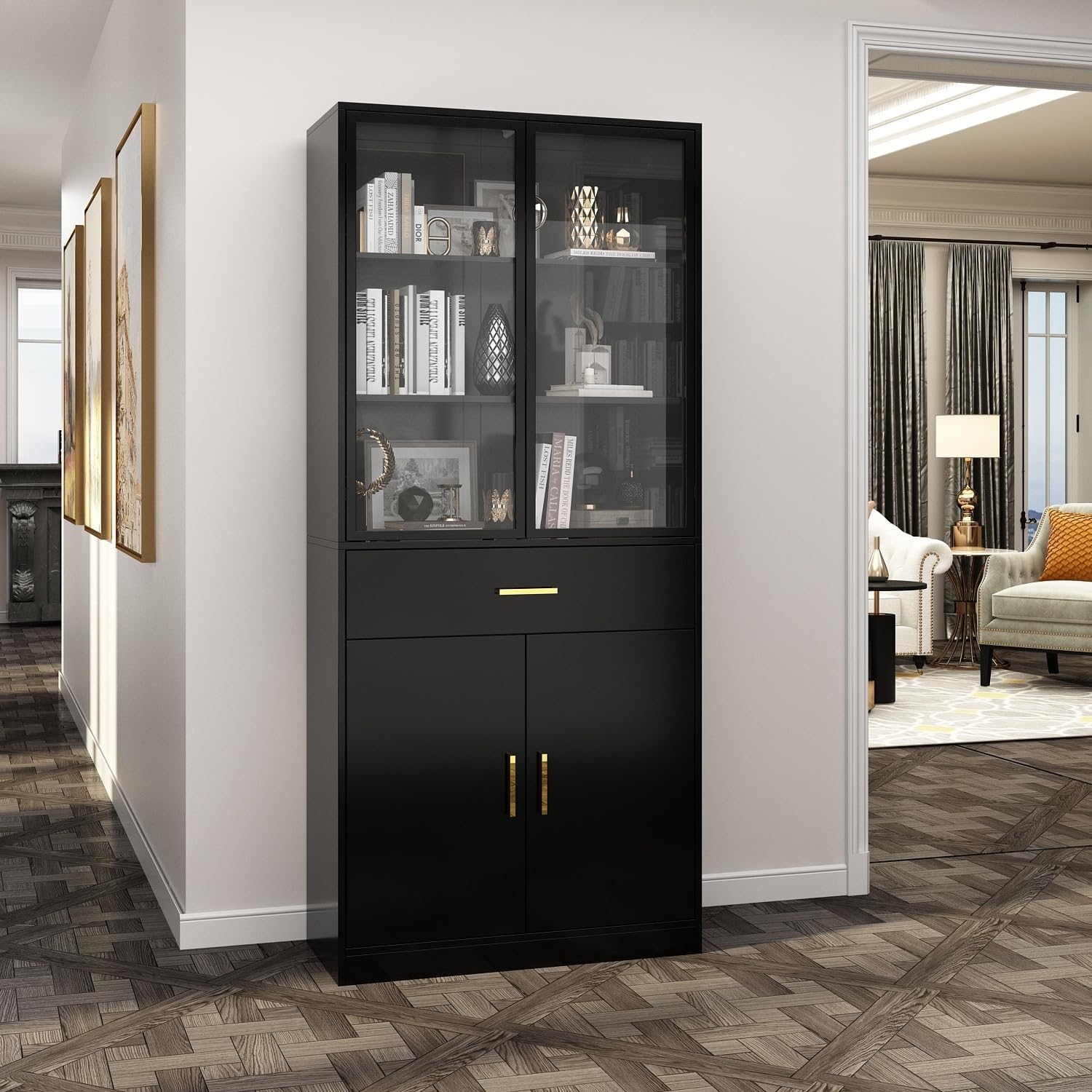 Overstock 70.9" H x 31.5" W Buffet Standard Bookcase Display Cabinet Glass Door Black