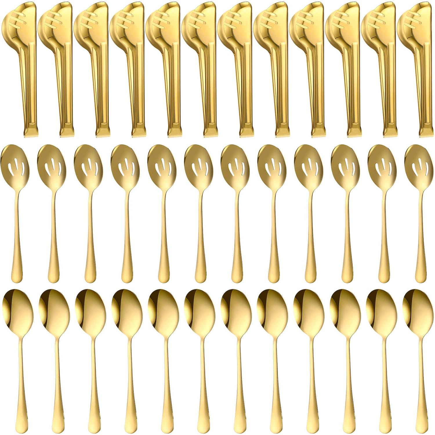 Sabary 36 Pcs Stainless Steel Serving Utensils for Buffet Parties Including 12 Serving Spoons 12 Slotted Spoons 12 Serving Tongs Large Metal Flatware Set for Tanksgiving Catering Banquet(Gold)