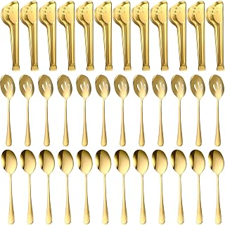 Sabary 36 Pcs Serving Utensils Set, 12 Spoons 12 Slotted 12 Tongs, Gold
