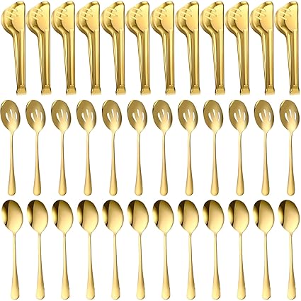 Sabary 36 Piece Stainless Steel Serving Utensils for Buffet Parties with 12 Pcs Large Metal Reusable Serving Spoons 12 Pcs Slotted Spoons 12 Pcs Gold Serving Tongs for Chafing Dish Banquet Catering