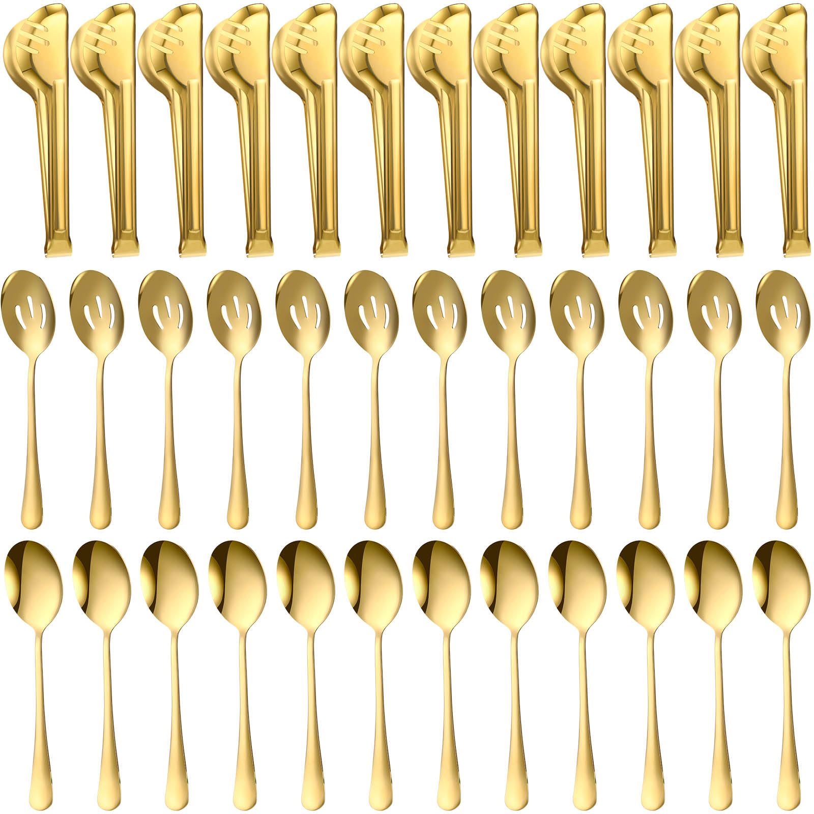 Sabary 36 Pcs Stainless Steel Serving Utensils for Buffet Parties Including 12 Serving Spoons 12 Slotted Spoons 12 Serving Tongs Large Metal Flatware Set for Catering Banquet Home Restaurant (Gold)