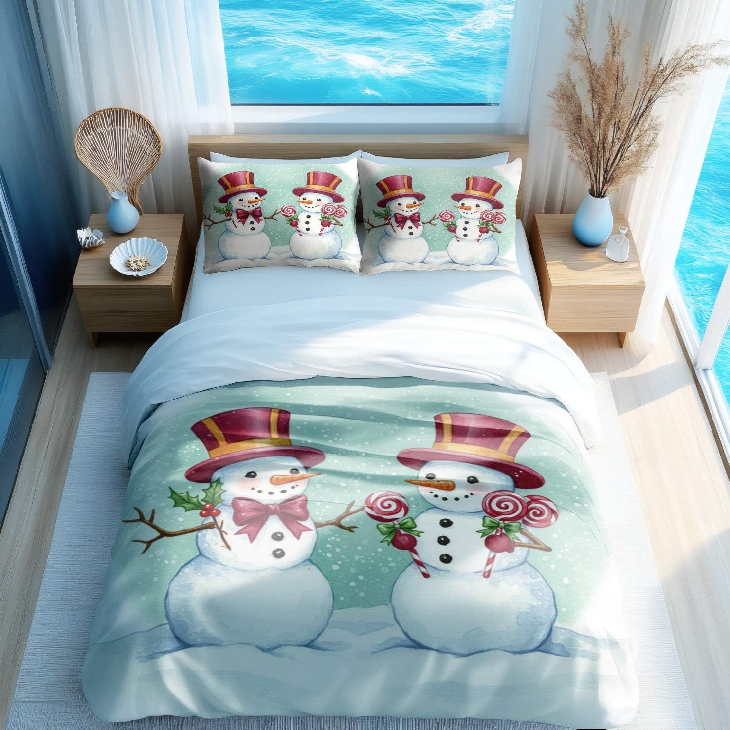 Housse de couette Noël 135x200 rose avec bonhomme de neige et sapin 3D