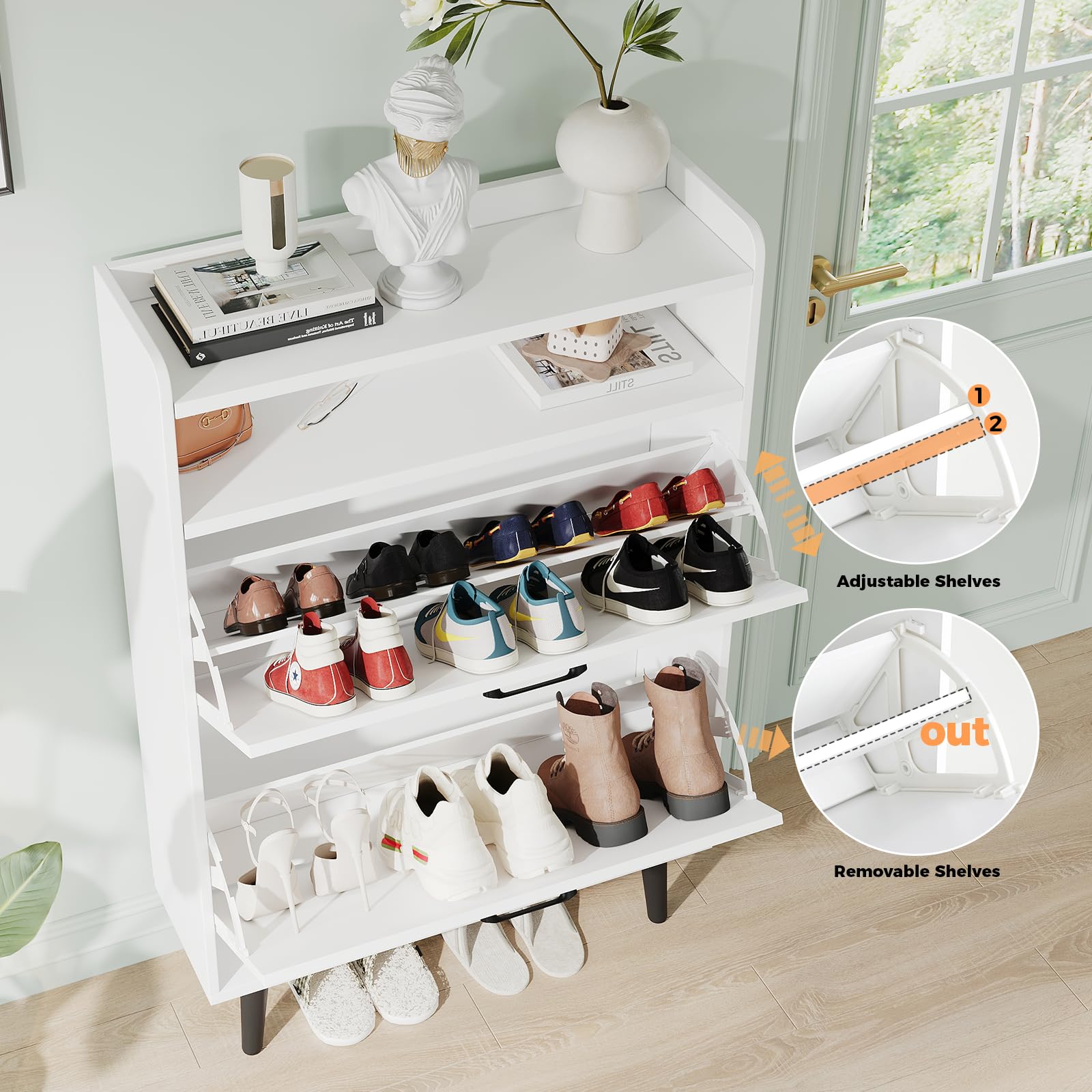 VOWNER Zapatero Entrada Recibidor Estrecho, Mueble Zapatero Blanco con 2 Puertas Abatibles y Estantes Ajustables, Organizador de Zapatos de Madera con Patas Elevadas para Pasillo, 75 x 24 x 113 cm