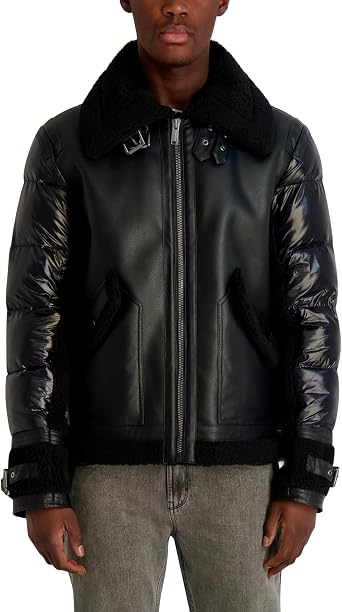 KARL LAGERFELD Men's Outerwear Faux Shearling Collared Mixed Media Jacket
