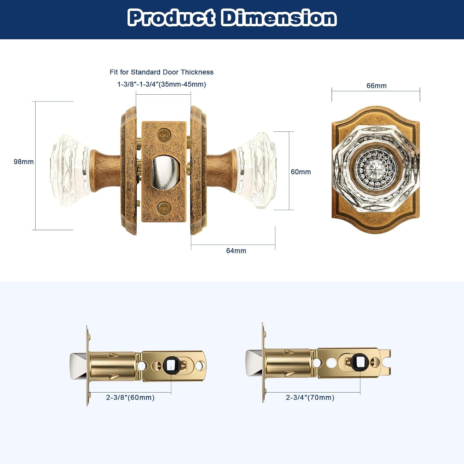 Orger Glass Passage Door Knob for Hallway and Closet, Crystal Door Handle with Non-Locking Latch, Octagonal Clear Aged Brass Door Knob 5 Pack, Vintage Rosette with Heavy Duty Glass