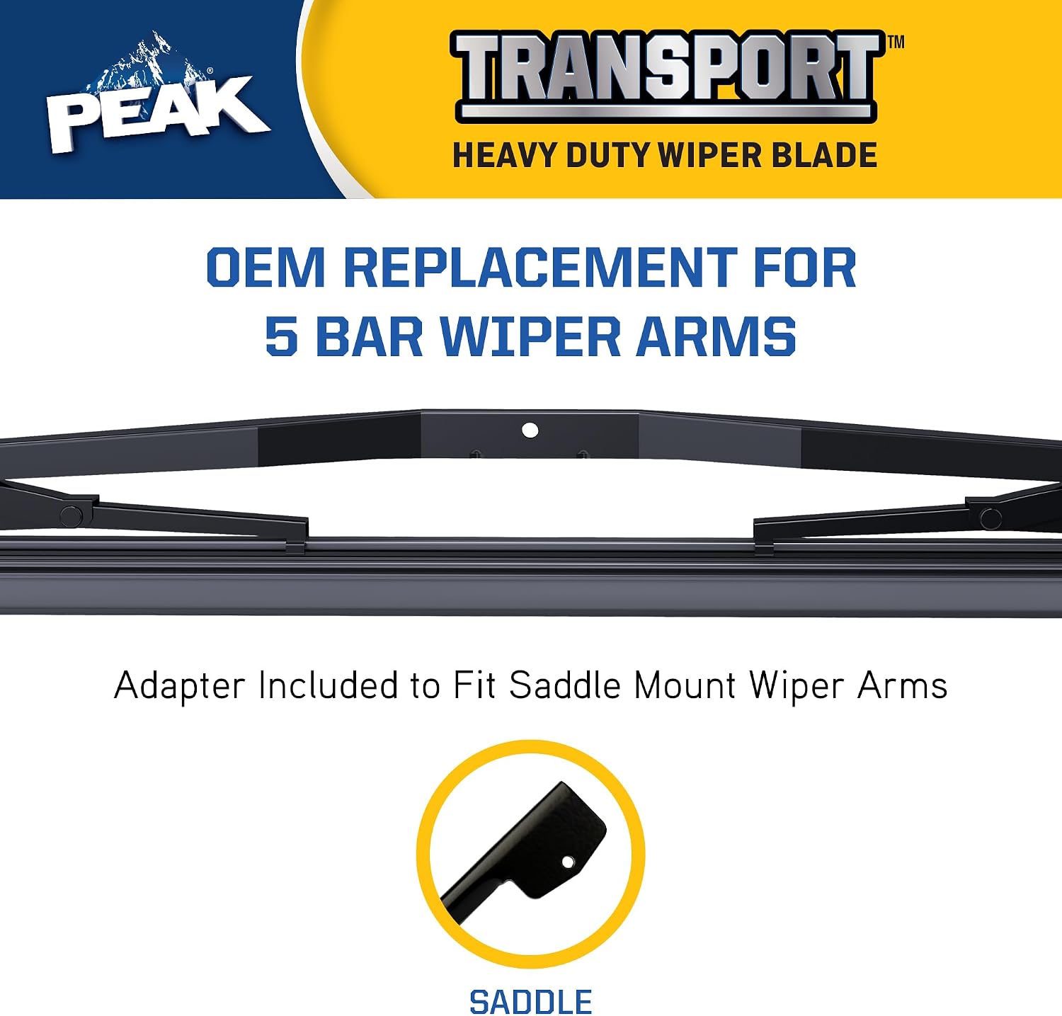 PEAK Transport Heavy Duty Windshield Wiper Blade, Durable Metal Wiper Blade Replacement for Class 6-8 Trucks, Class A RV's, and Transit Buses with Saddle Wiper Arm and High Profile 18" 5 Bar Blade