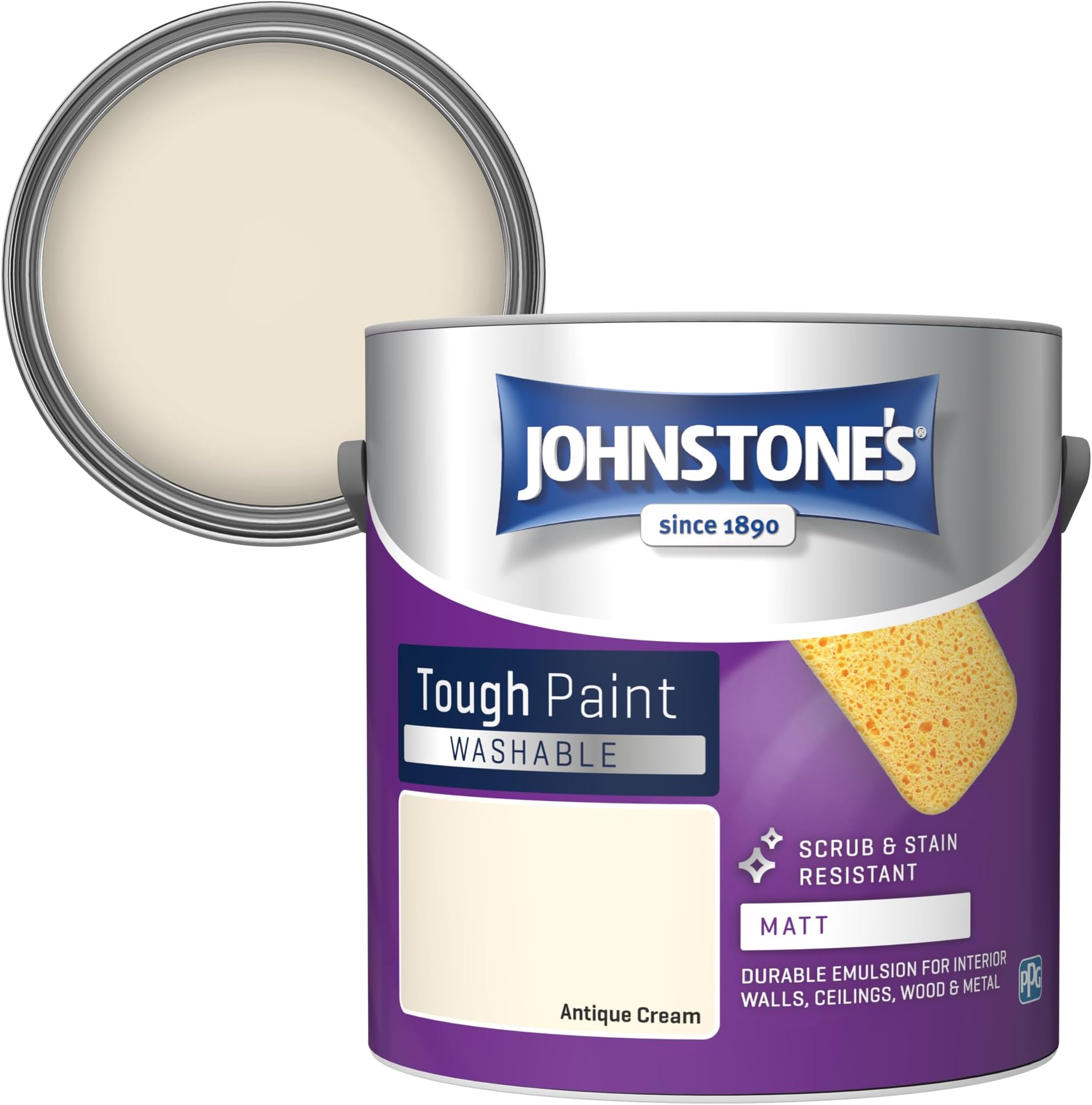 Johnstone's - Washable Paint - Antique Cream - Matt Finish - Emulsion Paint - Highly Durable - Stain Resistant - Non Toxic & Low Odour - 12m2 Coverage per Litre - 2.5L